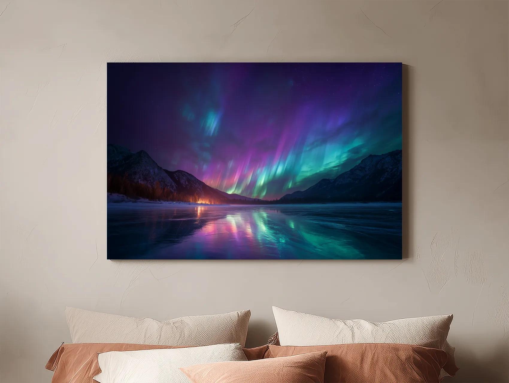 Vibrant Aurora Borealis Over Frozen Lake - Northern Lights Mountain Wall Art