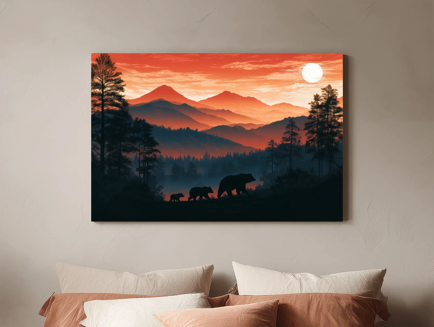 Mountain Sunset Bear Family Silhouettes - Wilderness Landscape Artwork
