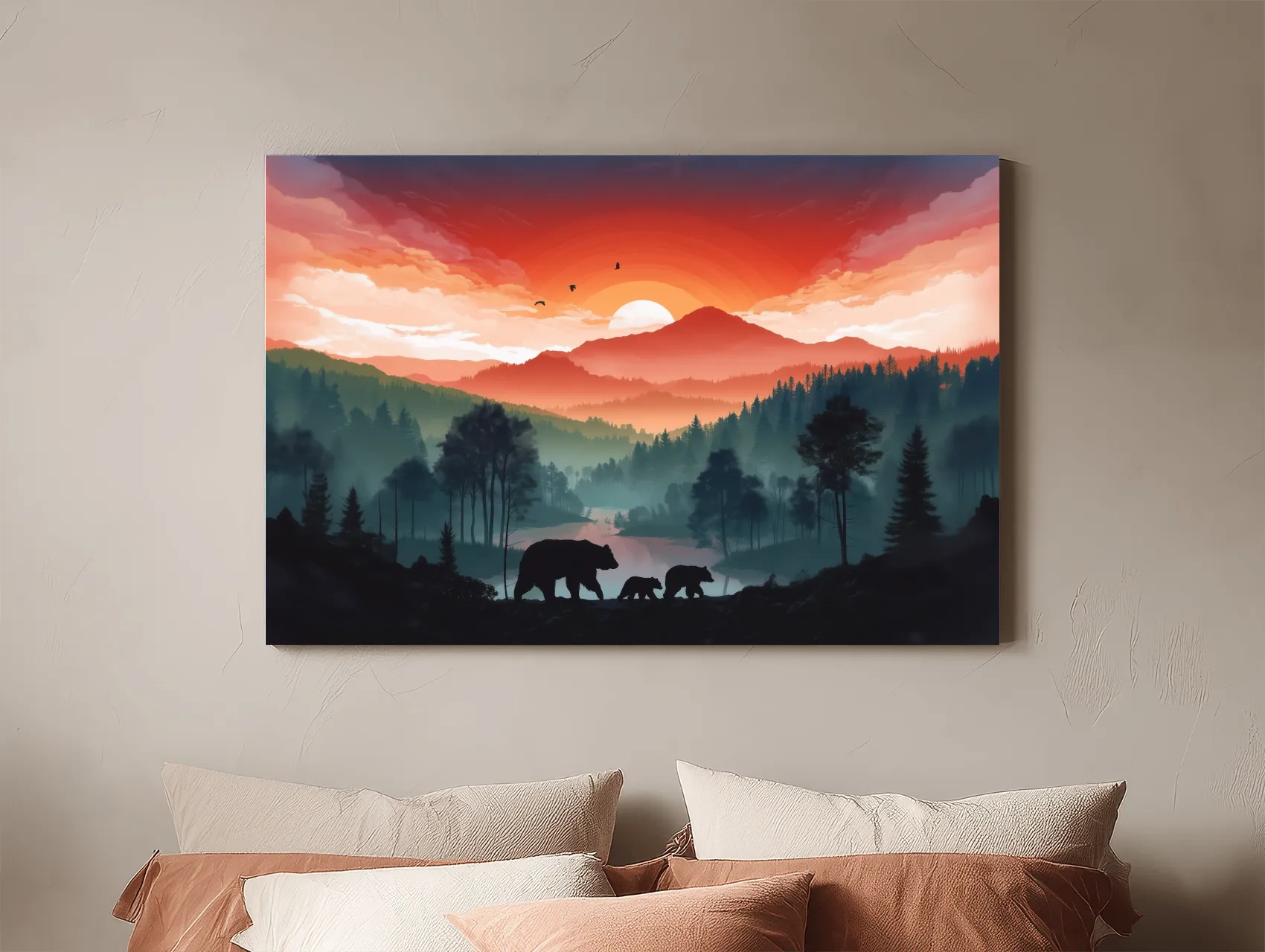 Sunset Bear Family Silhouette Landscape - Misty Mountain Forest Wall Art