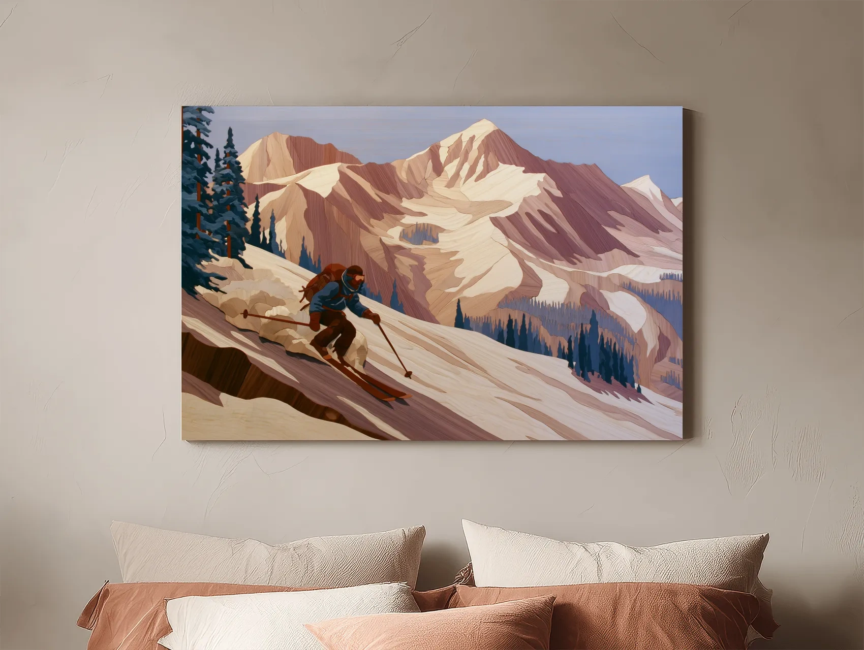 Backcountry Skier Descending Snowy Alpine Peaks - Modern Outdoor Adventure Wall Art