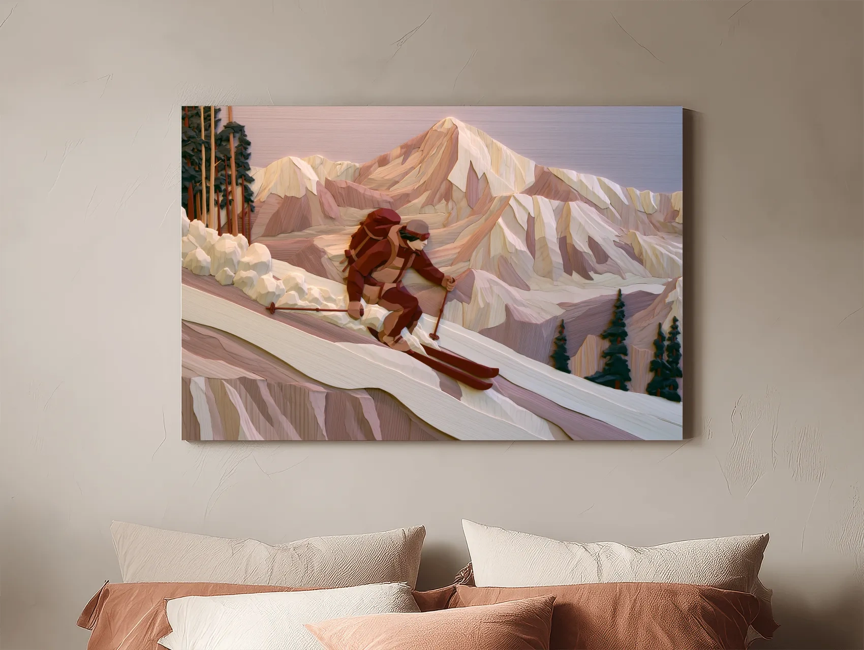 Geometric Backcountry Skier In Alpine Peaks - Winter Mountain Adventure Wall Art
