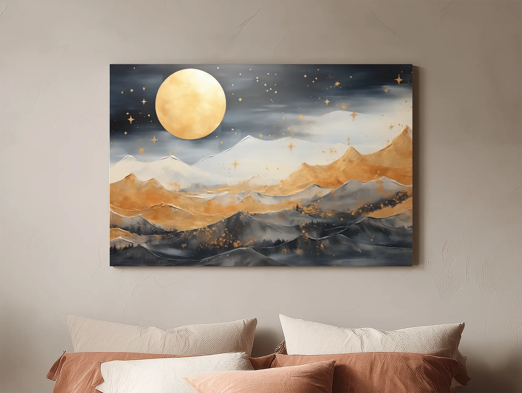 Golden Moonlit Abstract Mountain Landscape - Modern Watercolor Wall Art