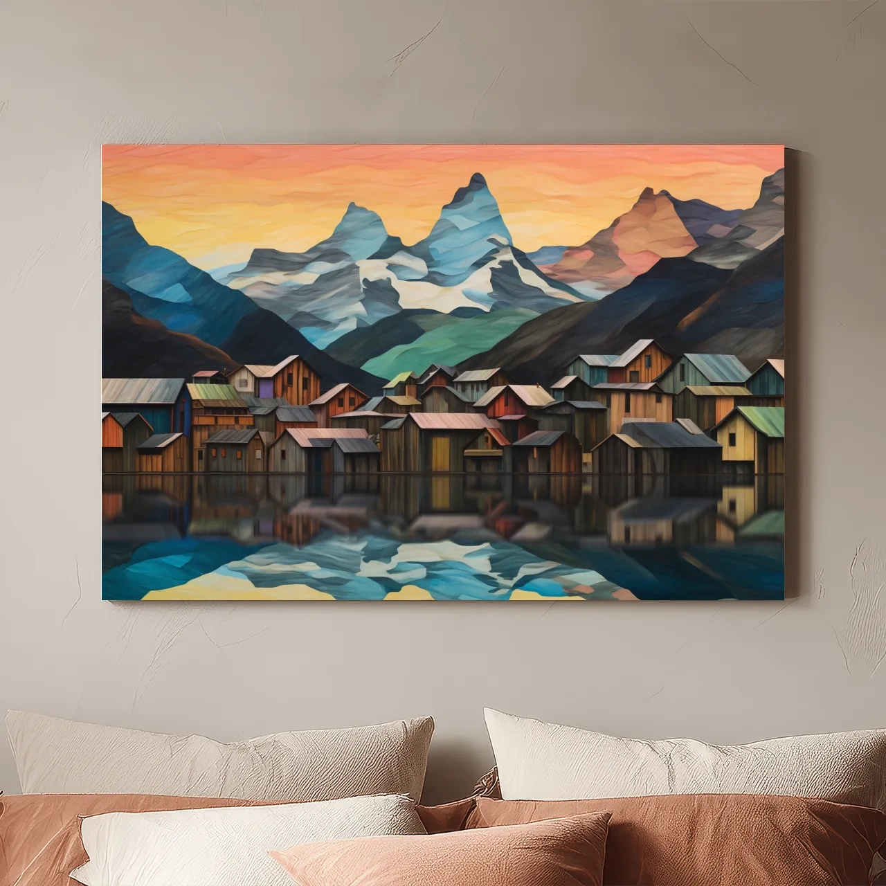 Alpine Mountain Village Reflections - Colorful Paper Cut Style Wall Art