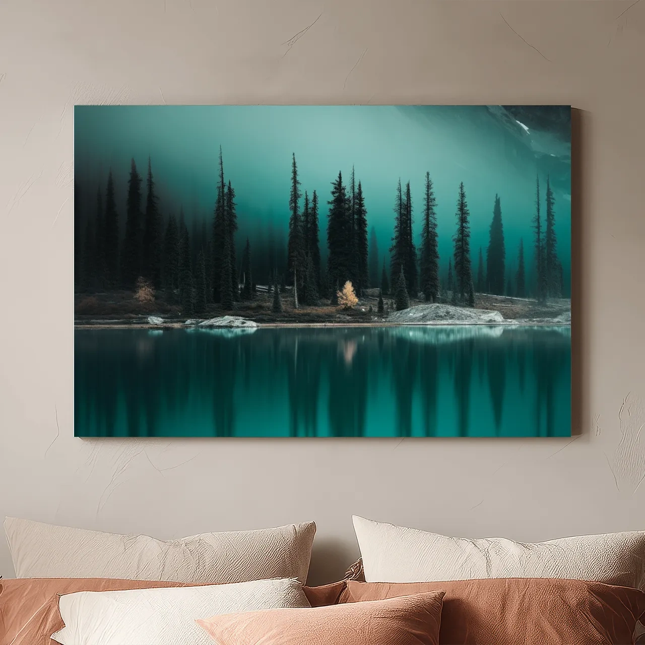 Misty Pine Forest Turquoise Alpine Lake - Serene Mountain Landscape Wall Art