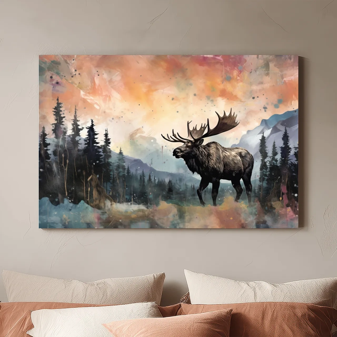 Watercolor Moose In Misty Mountain Forest - Rustic Wildlife Wall Art