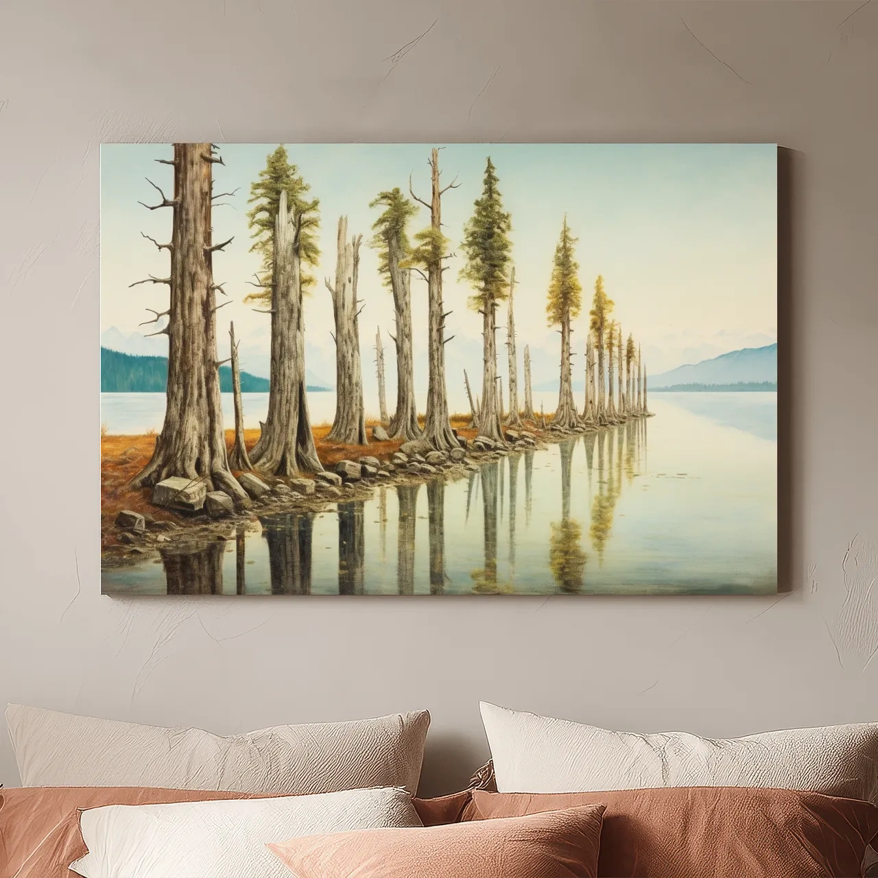 Serene Lakeside Pine Forest Reflections - Watercolor Landscape Wall Art