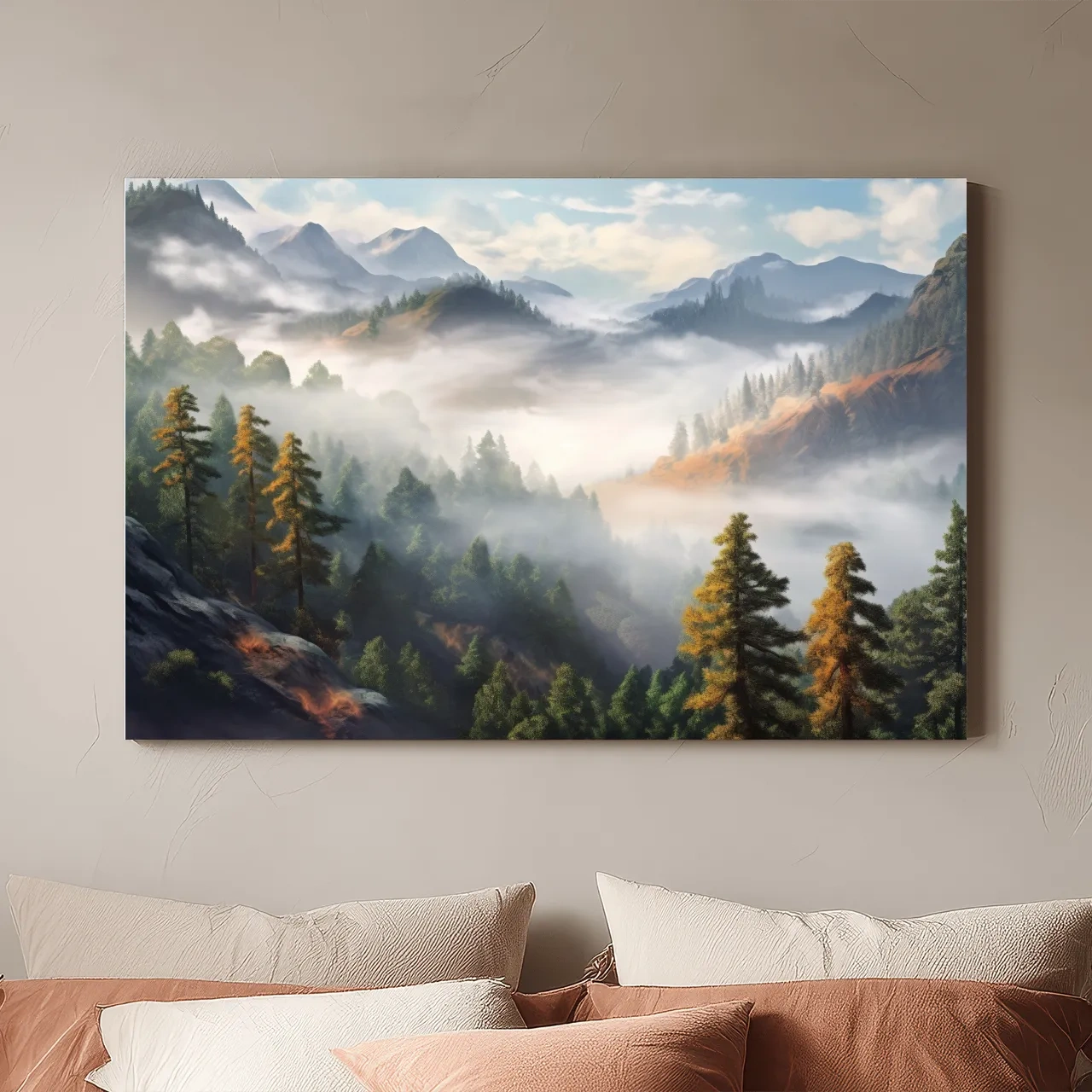 Misty Mountain Valley Forest Landscape - Serene Foggy Nature Painting Wall Art