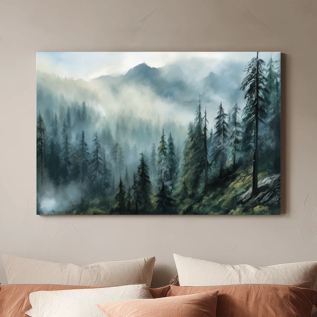 Misty Evergreen Forest Mountain Landscape - Moody Watercolor Nature Wall Art