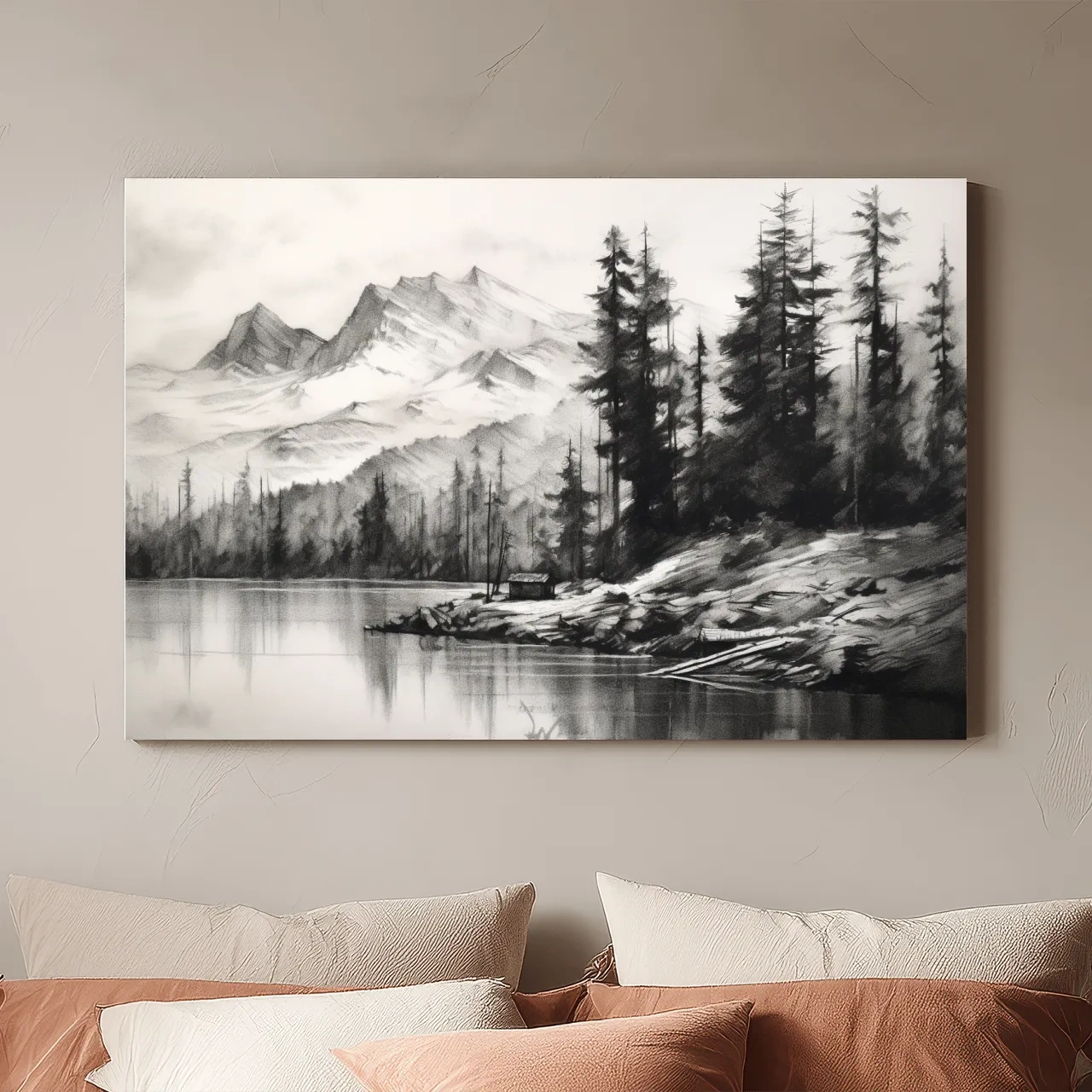 Monochrome Mountain Lake Charcoal Sketch - Pine Forest Landscape Wall Art