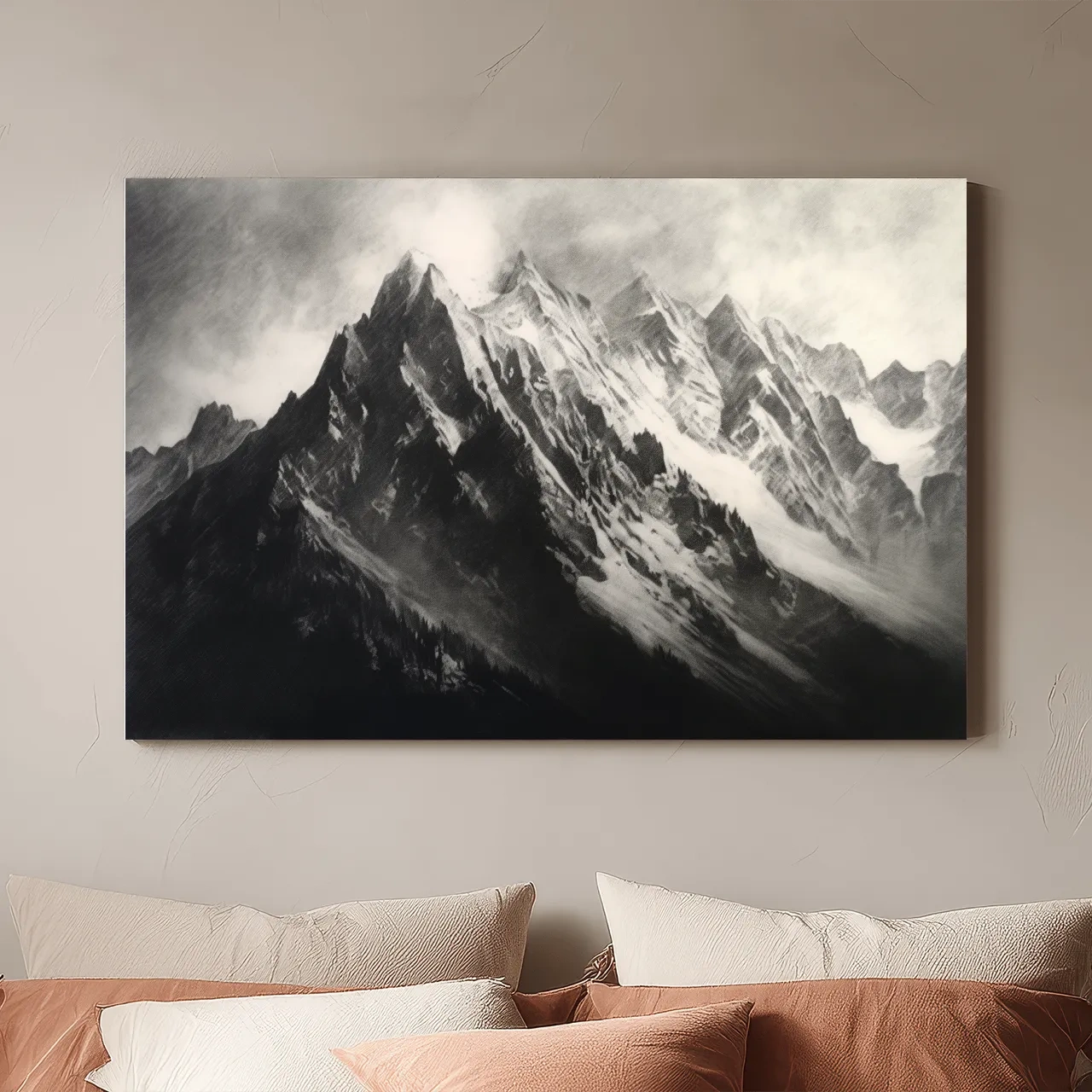 Moody Monochrome Snowy Mountain Peaks - Dramatic Charcoal Landscape Artwork