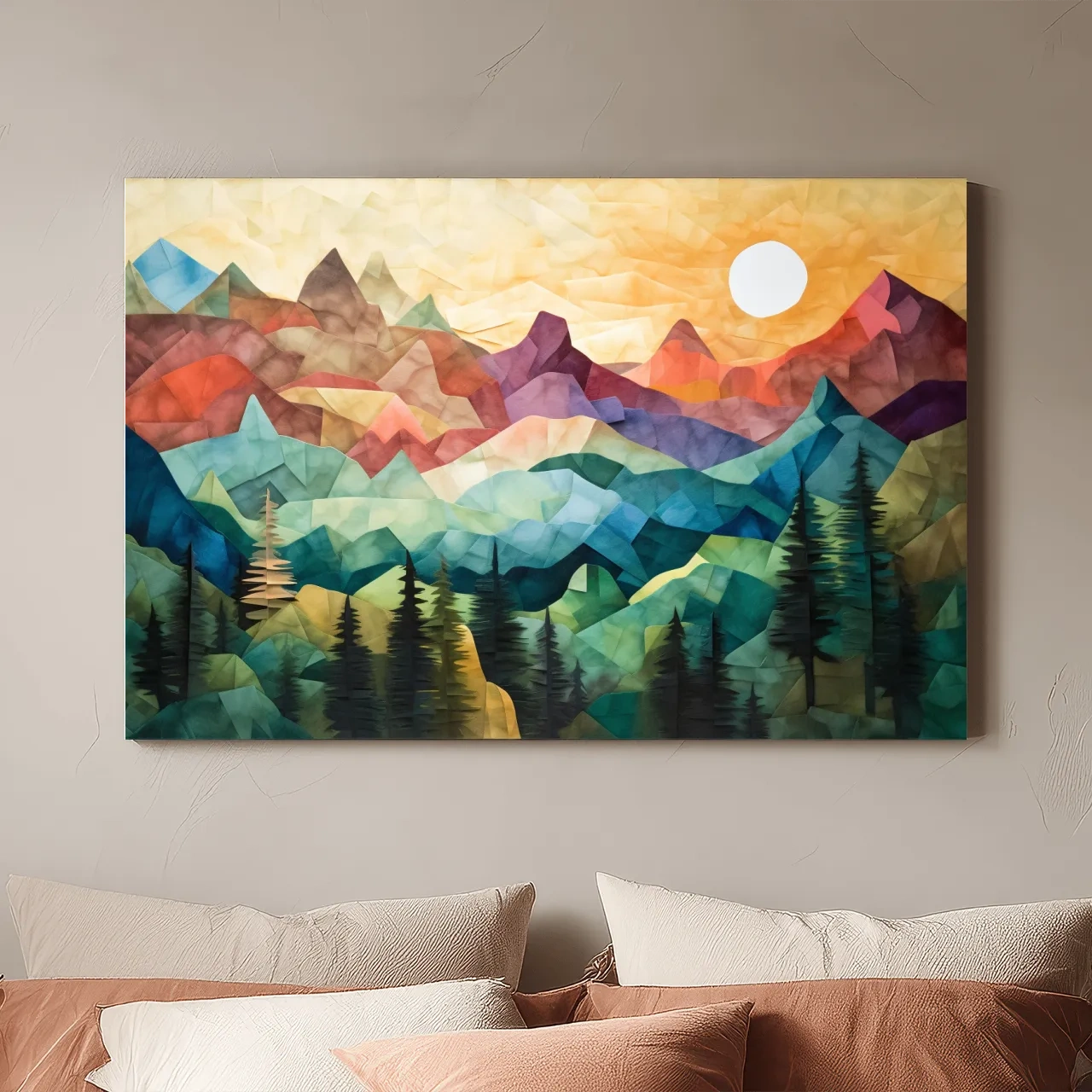 Abstract Sunset Mountain Canvas - Vibrant Patchwork Mosaic Art