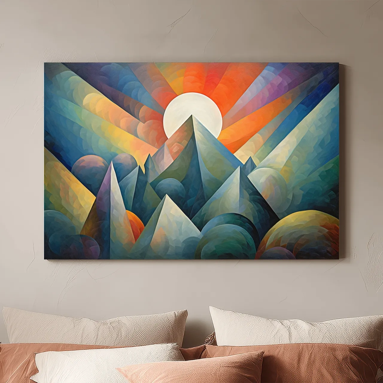 Vibrant Mountain Sunrise Painting - Abstract Alpine Landscape Wall Art