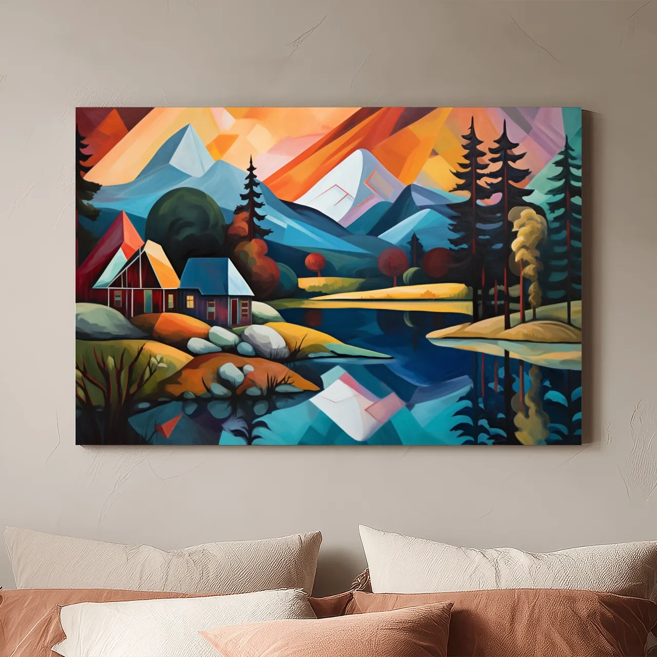 Vibrant Geometric Mountain Lake Cabin Oil Painting - Modern Abstract Wall Art