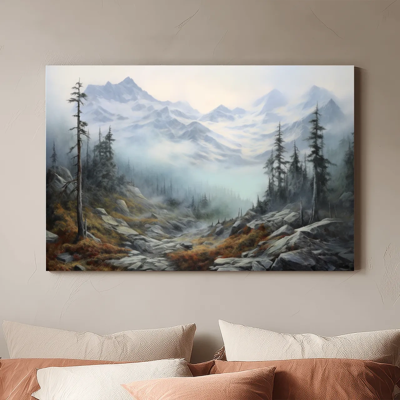 Misty Alpine Valley Painting - Moody Foggy Mountain Landscape Wall Art