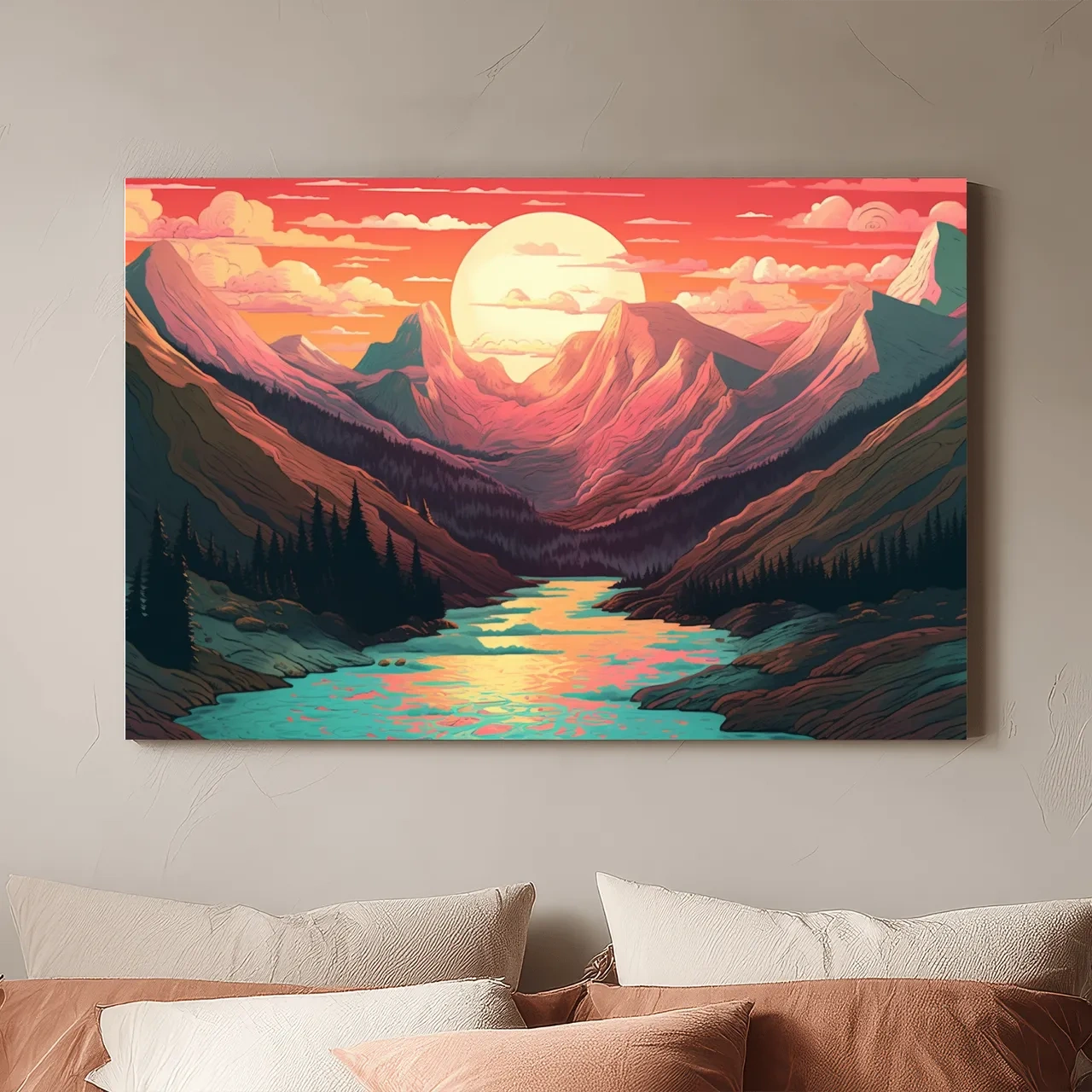 Vibrant Sunset Mountain Valley Illustration - Retro Landscape Wall Art