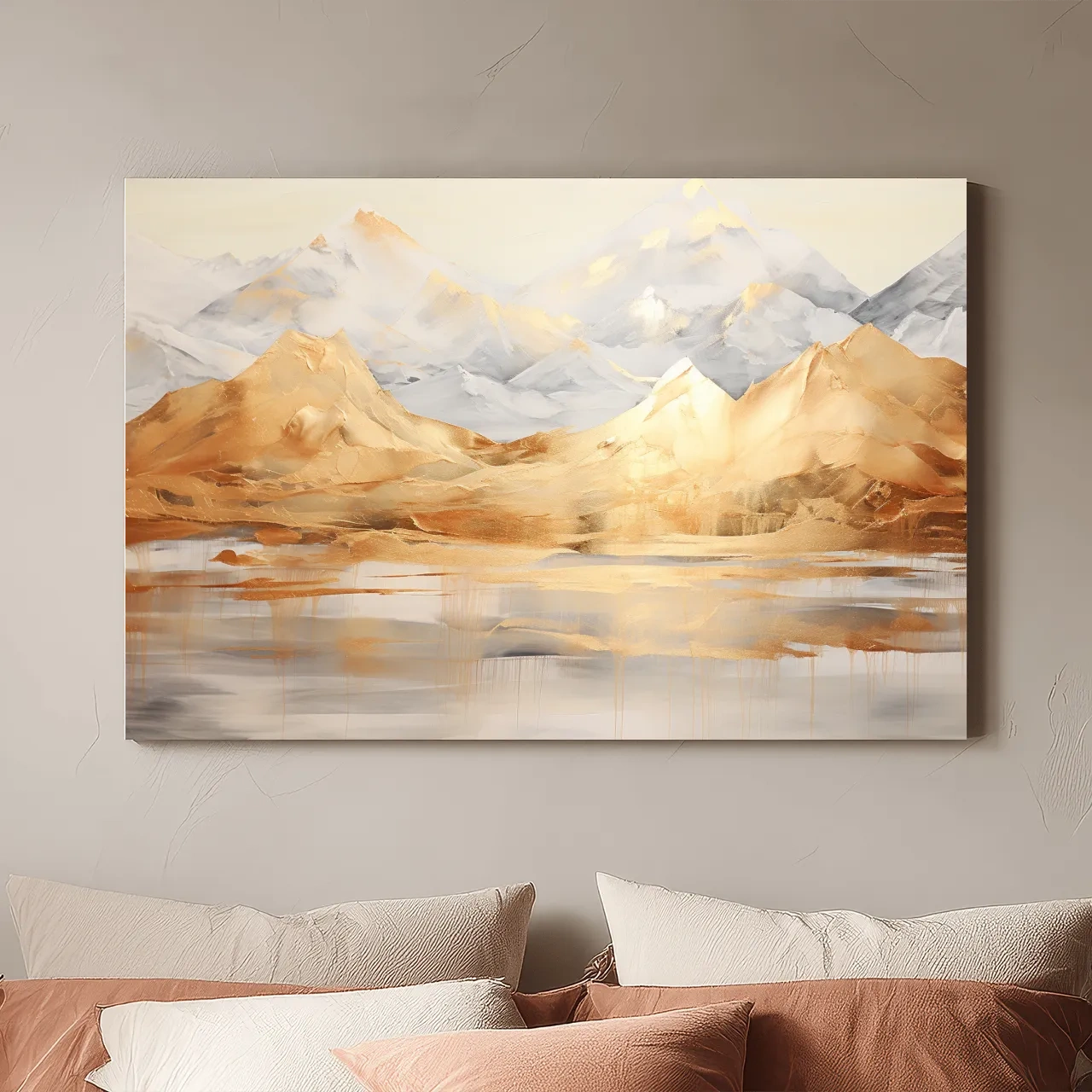 Luxe Golden Abstract Mountain Lake Painting - Elegant Landscape Wall Art