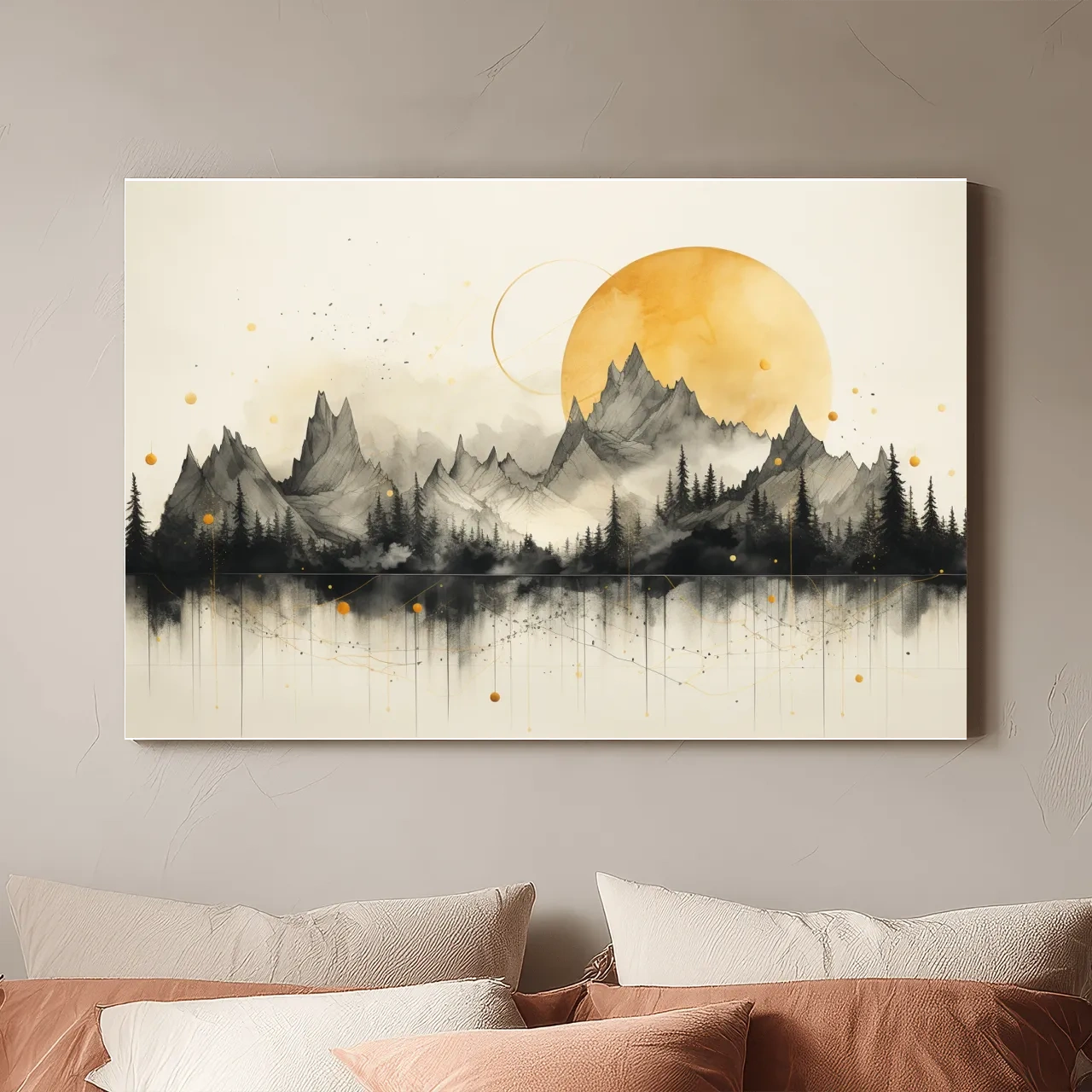 Golden Sun Abstract Mountain Range - Minimalist Watercolor Landscape Wall Art
