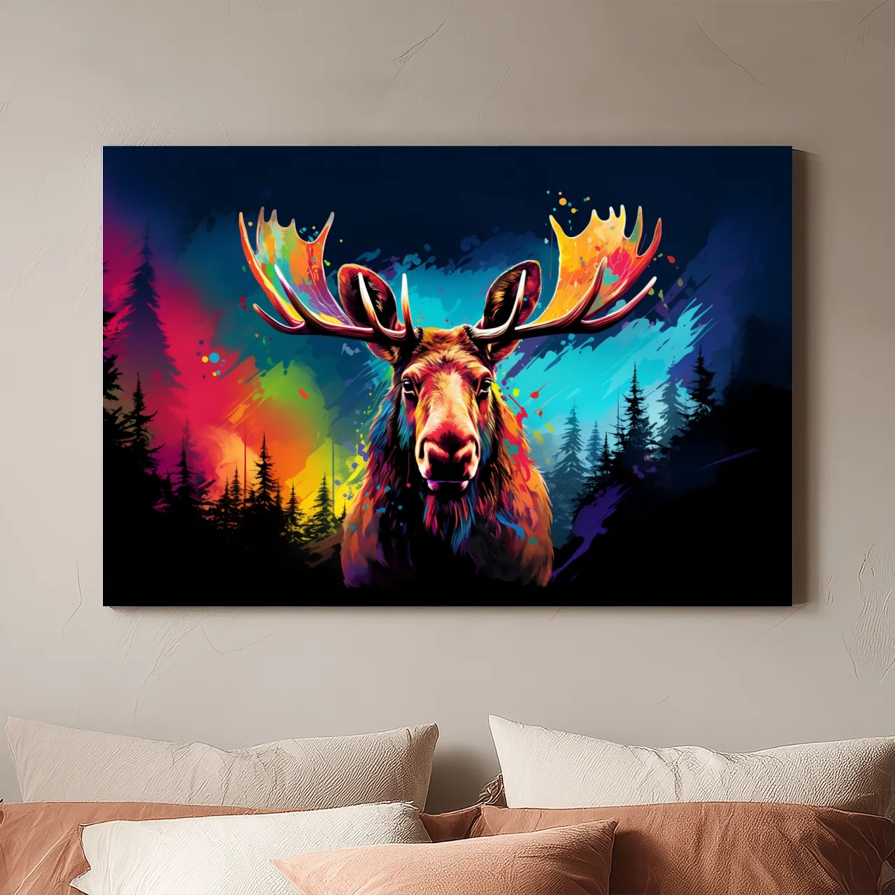 Vibrant Abstract Retro Moose Portrait - Colorful Splash Paint Wildlife Wall Art