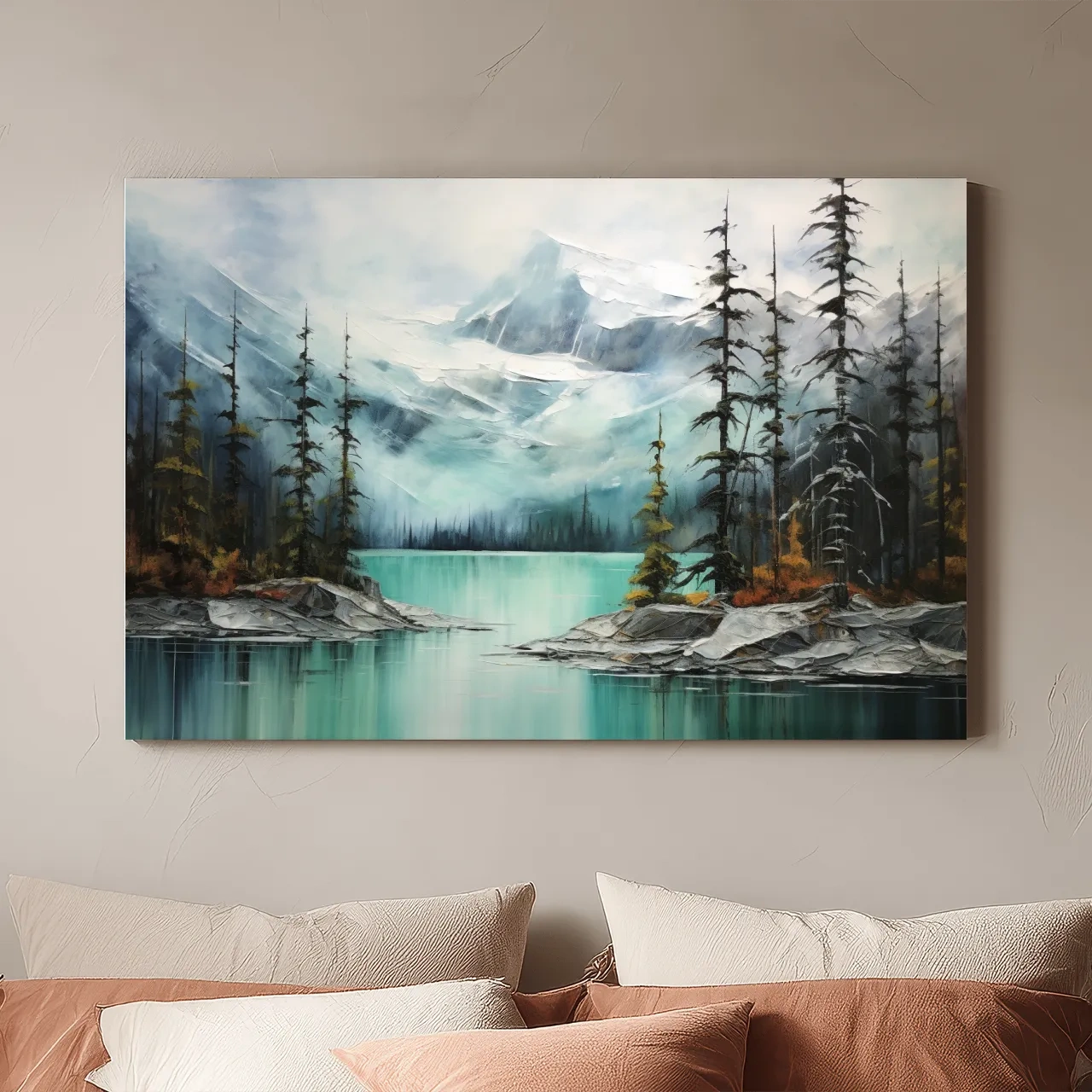 Misty Turquoise Mountain Lake Painting - Serene Alpine Forest Landscape Wall Art