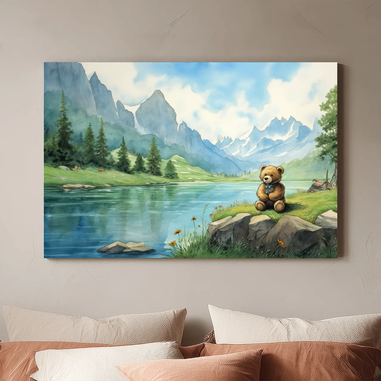 Whimsical Teddy Bear By Mountain Lake - Cute Watercolor Nursery Wall Art
