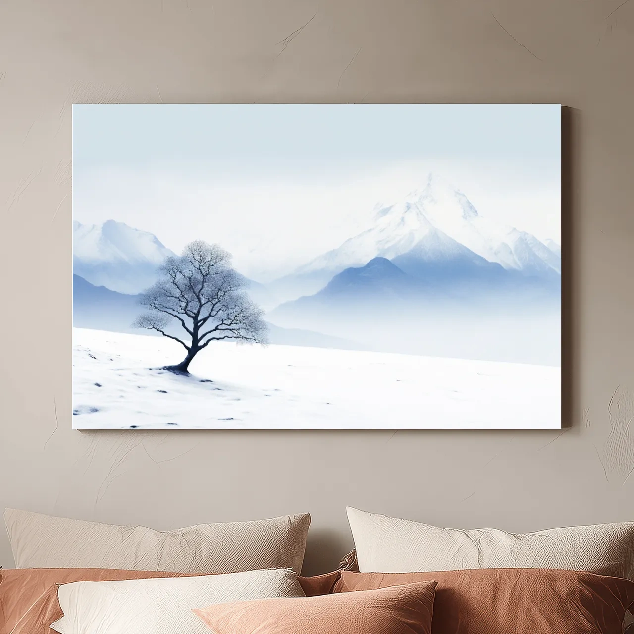 Minimalist Snowy Mountain Landscape With Lone Tree - Serene Winter Painting Wall Art