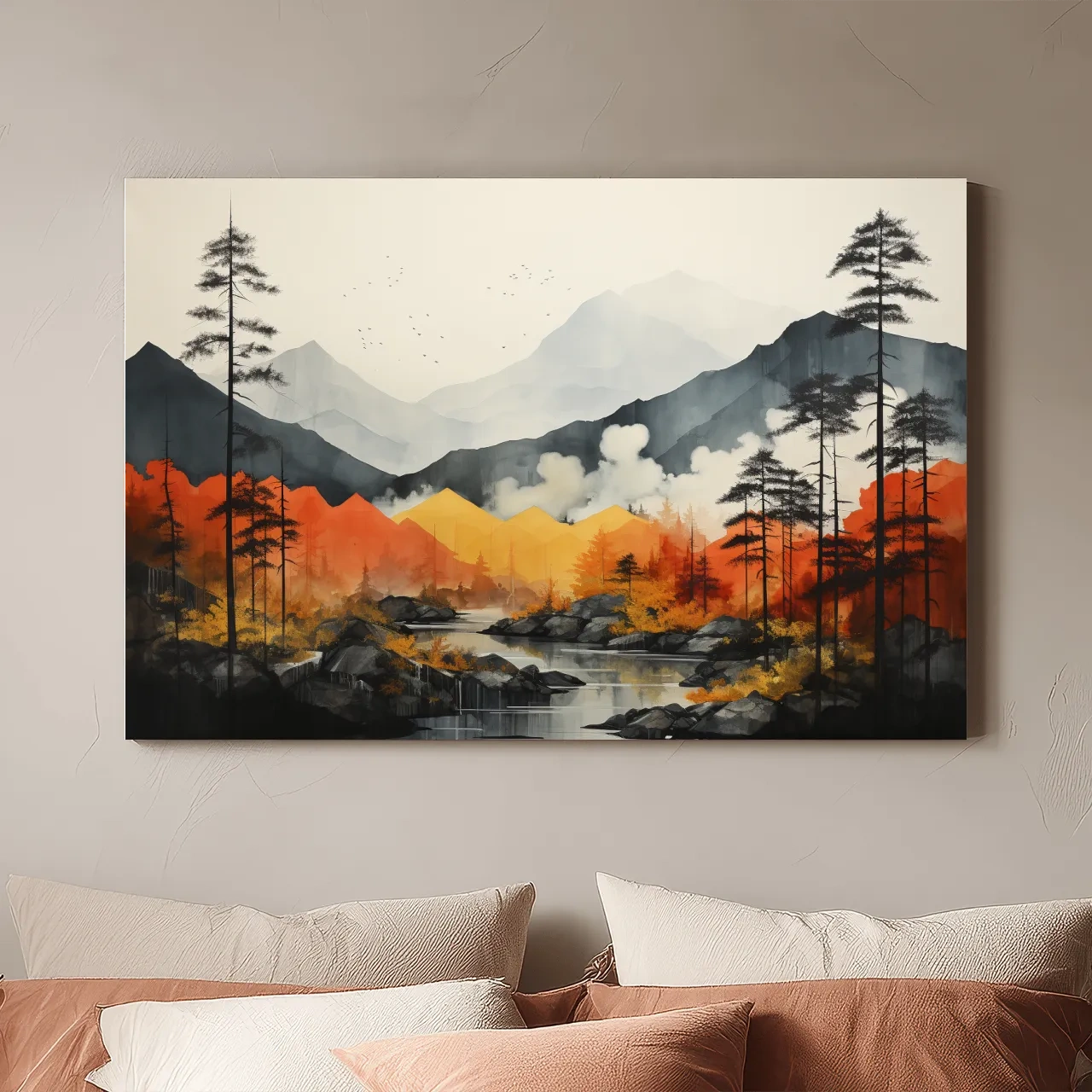 Surreal Mountain Lake Landscape - Autumn Forest Watercolor Wall Art