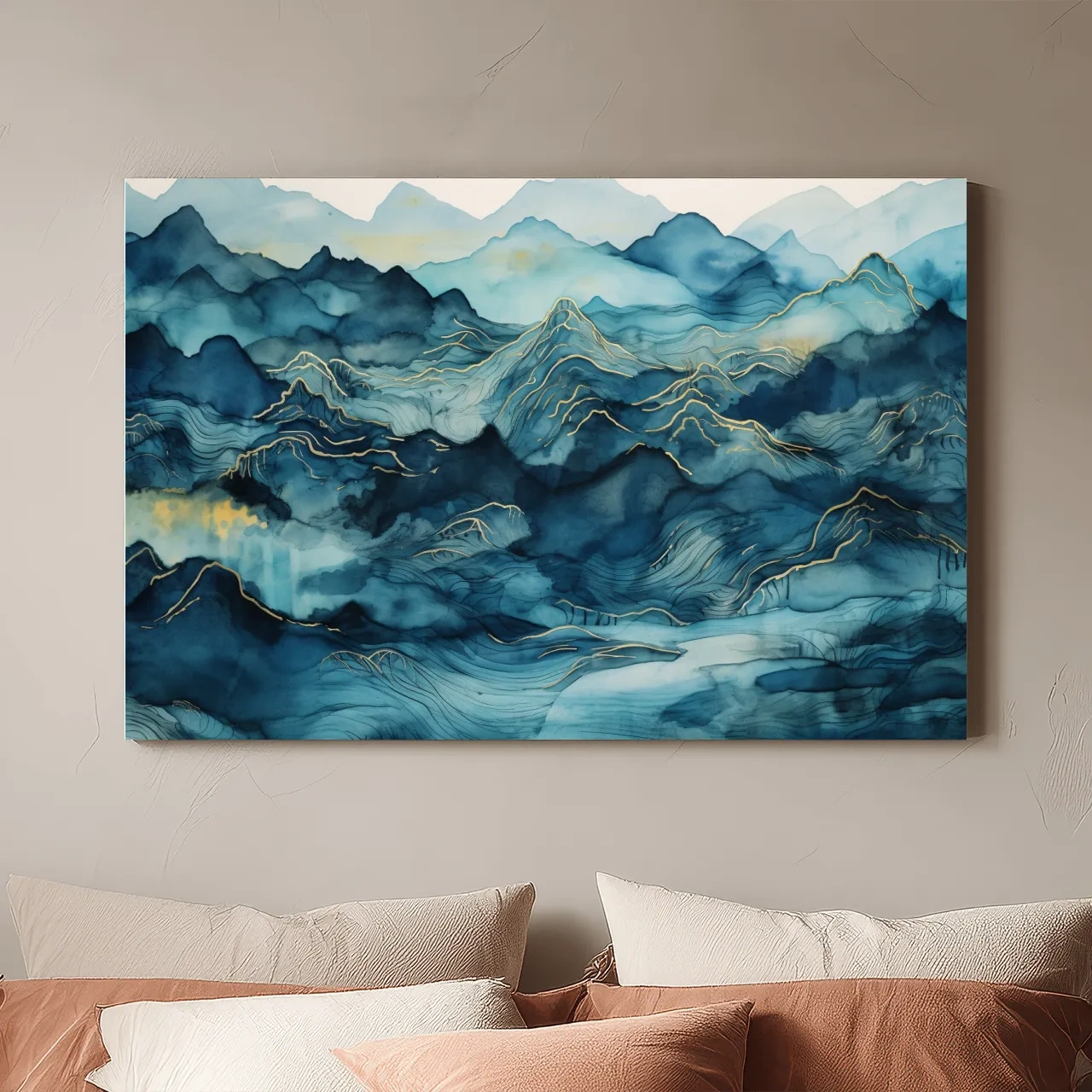 Watercolor Mountain Range With Gold Linework - Abstract Landscape Wall Art