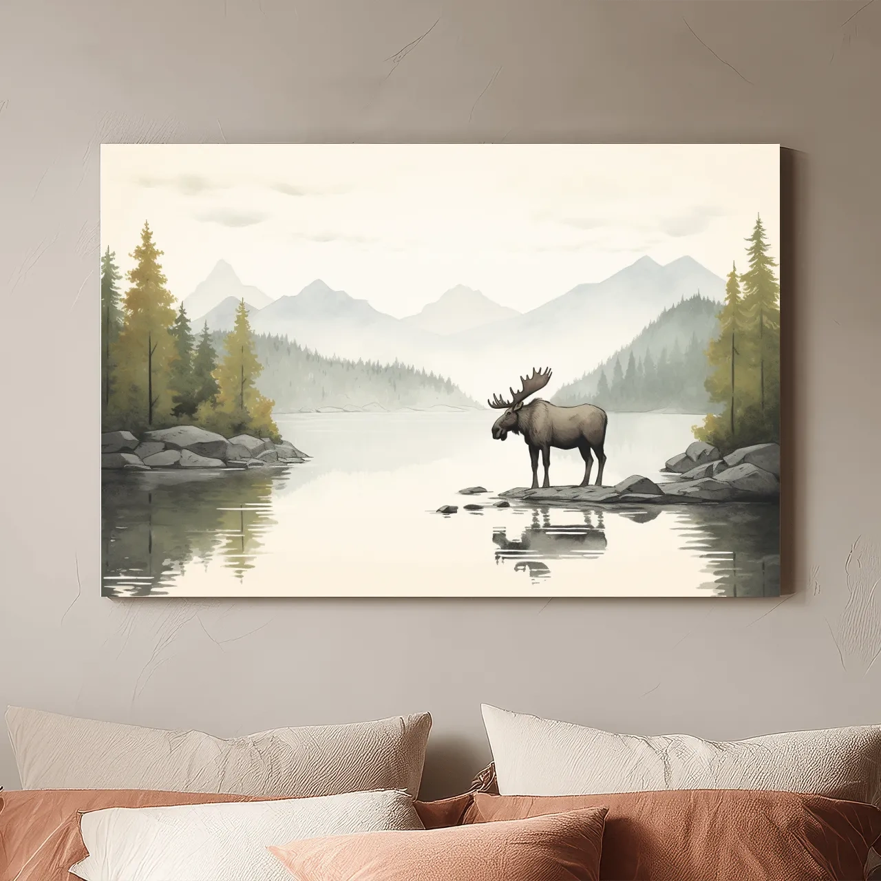 Watercolor Moose By Misty Lake - Mountain Wilderness Nursery Wall Art