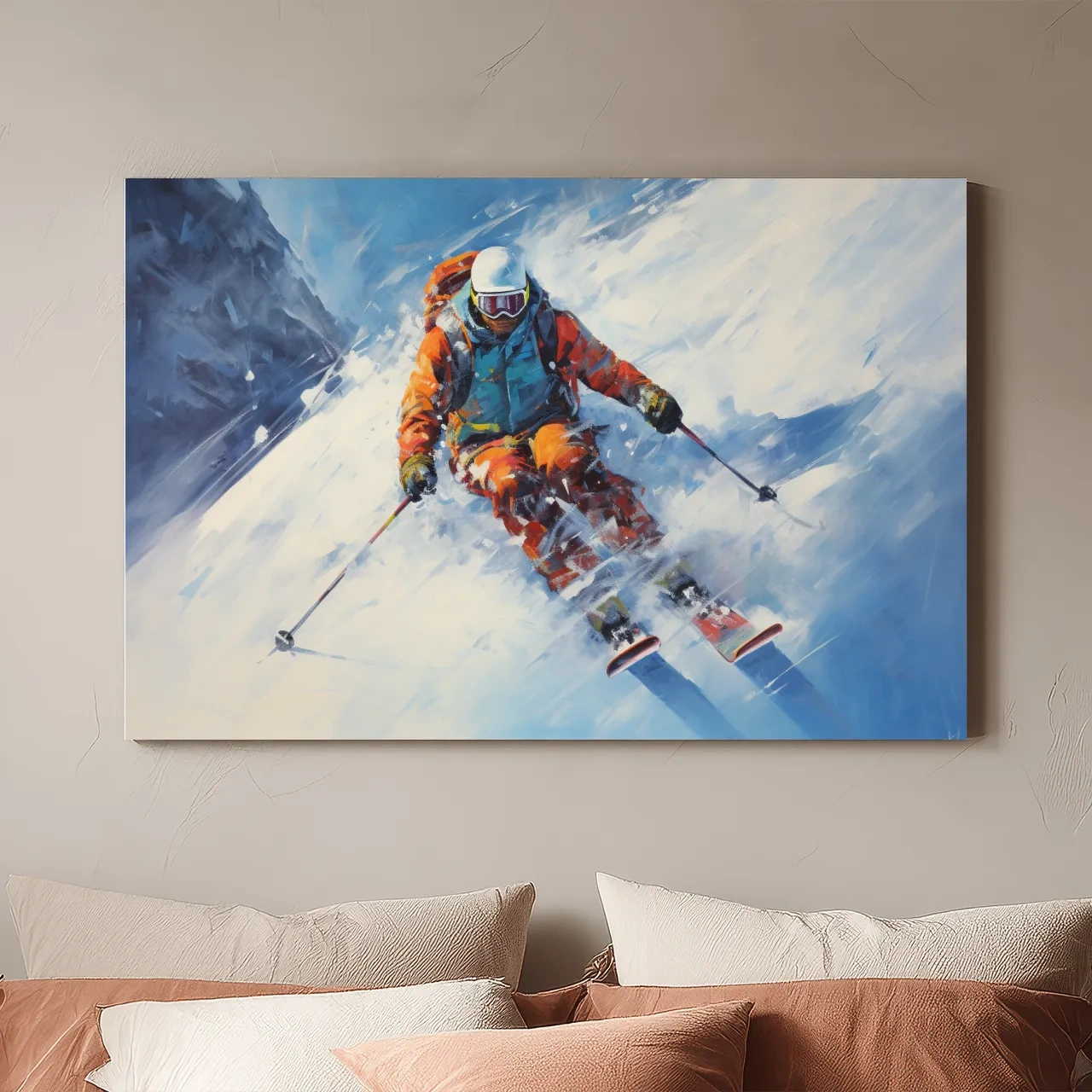Dynamic Downhill Skier Painting - Snowy Alpine Adventure Wall Art