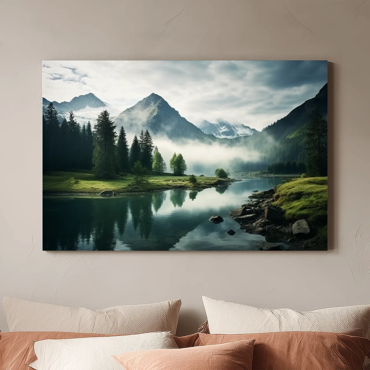 Misty Alpine Lake Reflection Landscape - Mountain Forest Photographic Wall Art