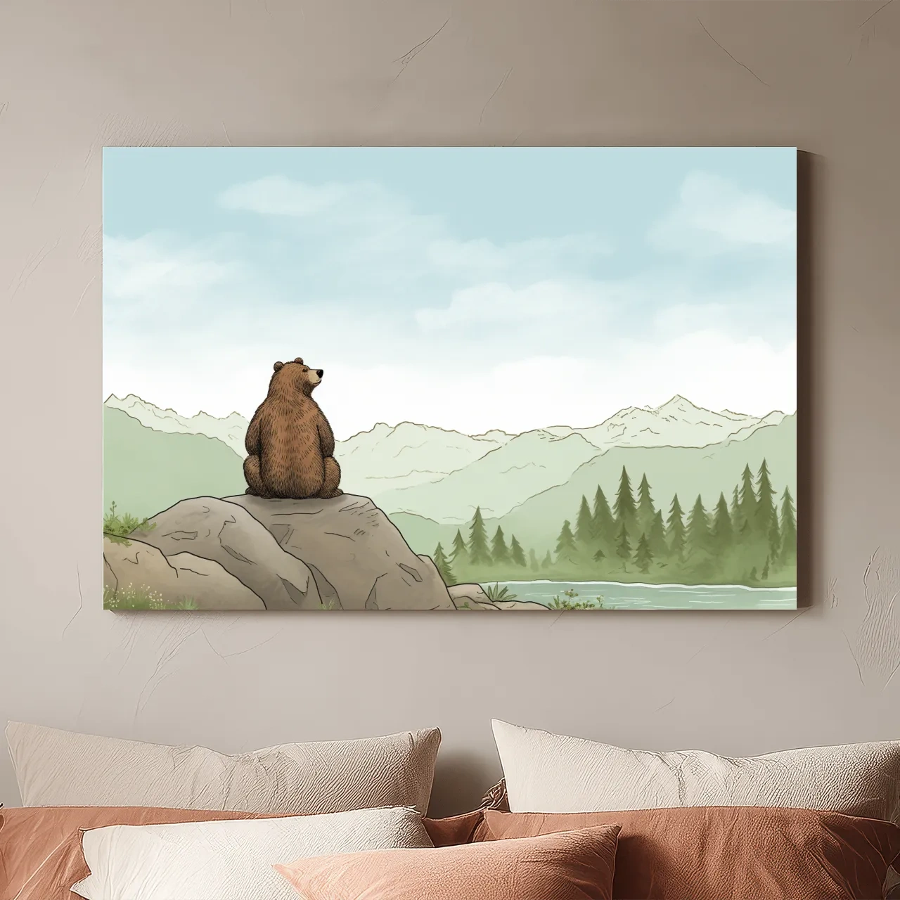 Whimsical Bear Overlooking Mountains - Cute Illustrated Nursery Wall Art