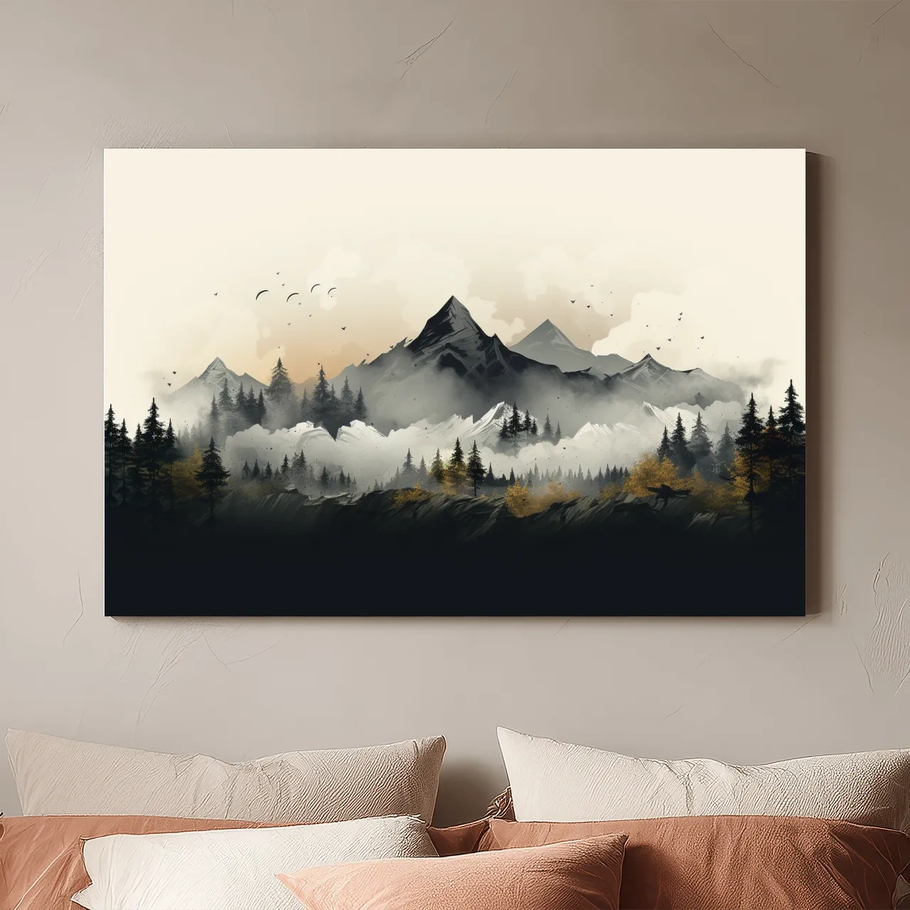 Misty Mountain Range With Pine Forest Illustration - Moody Landscape Wall Art