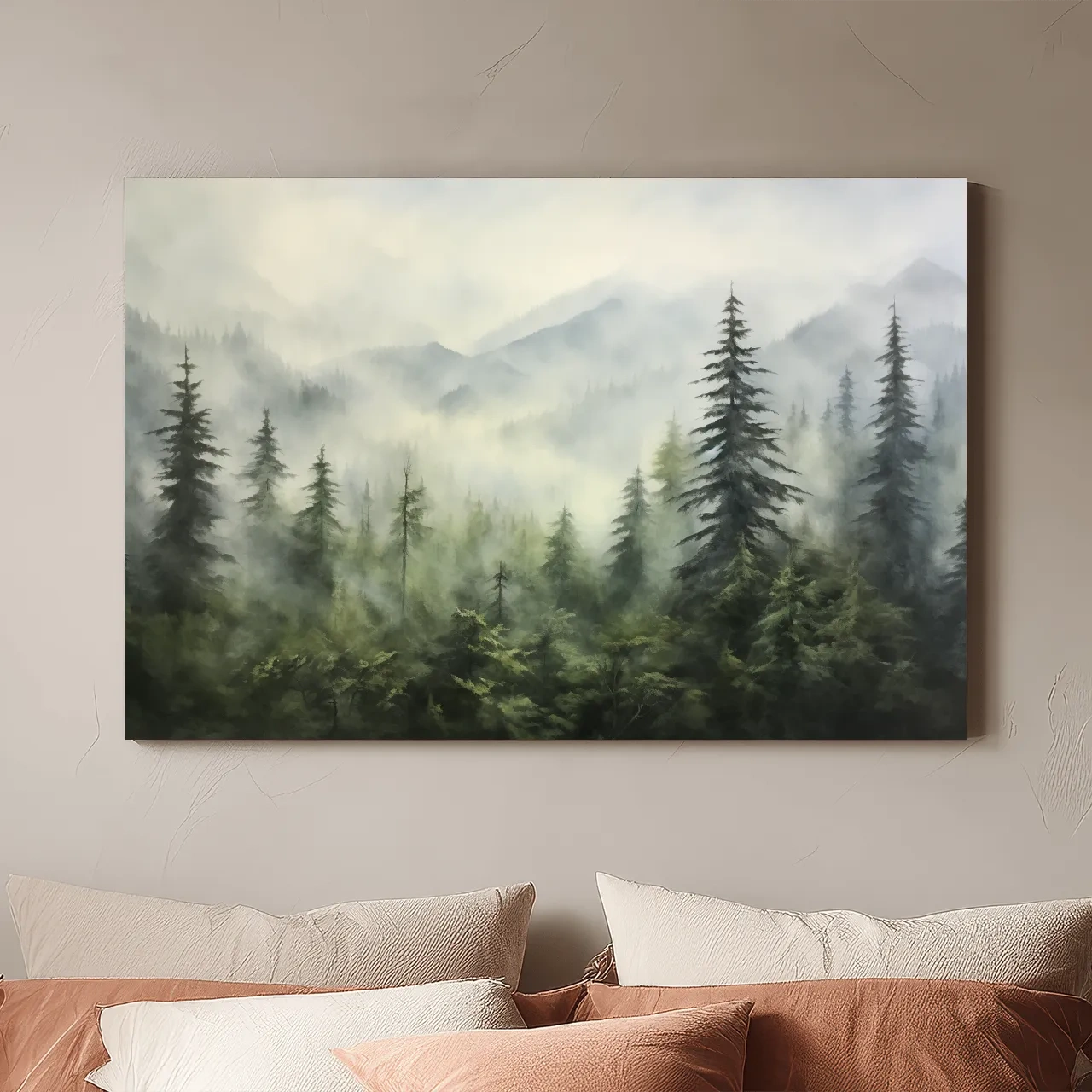 Misty Evergreen Forest Mountains Watercolor - Serene Foggy Landscape Artwork