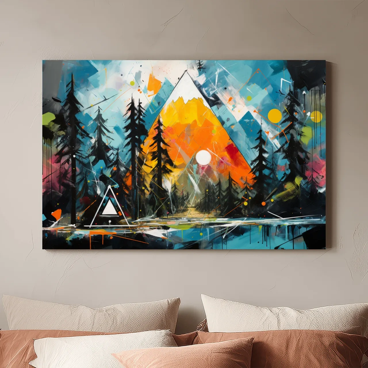 Vibrant Abstract Mountain Sunrise With Pine Forest - Energetic Landscape Wall Art