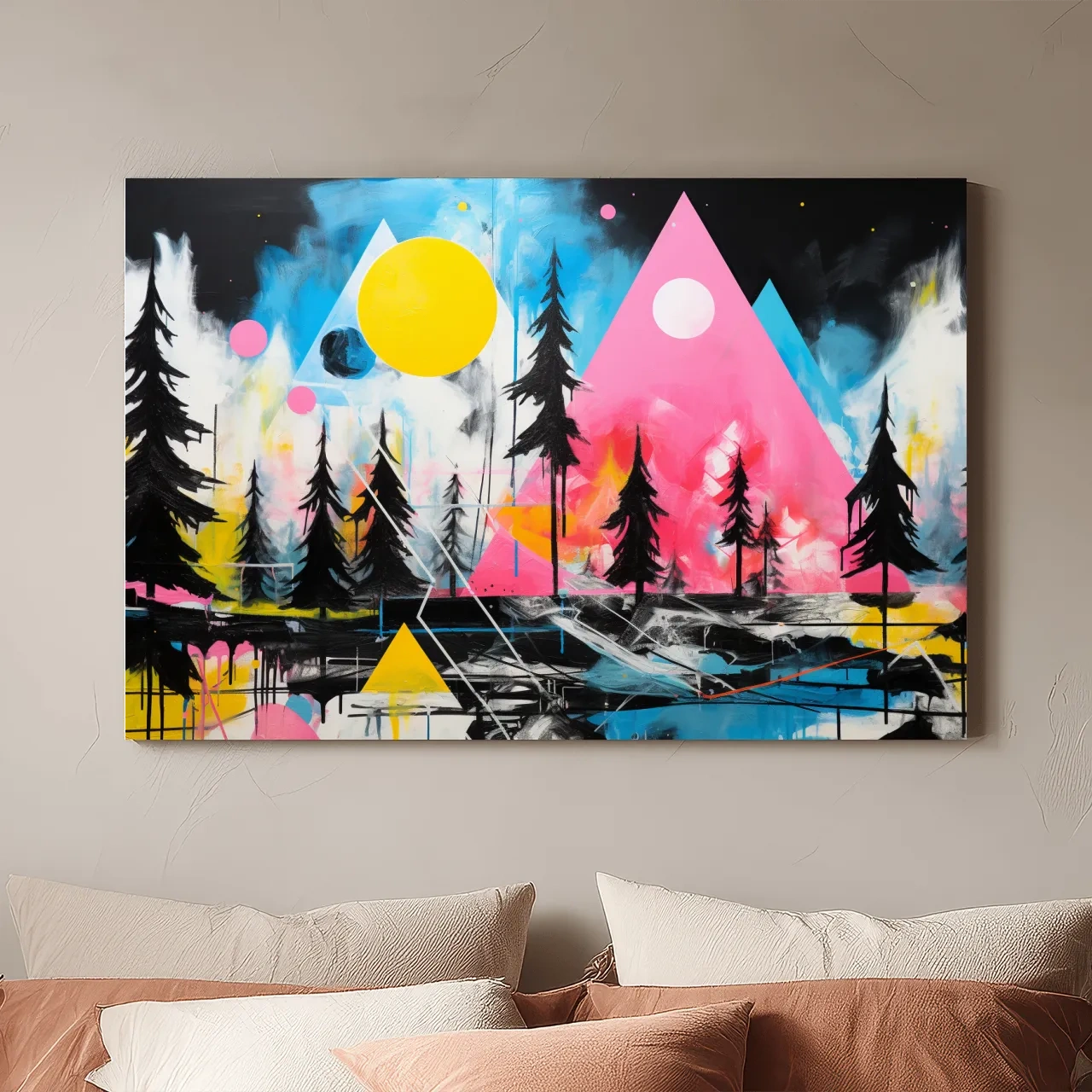 Neon Geometric Mountain Forest Painting - Vibrant Abstract Wall Art