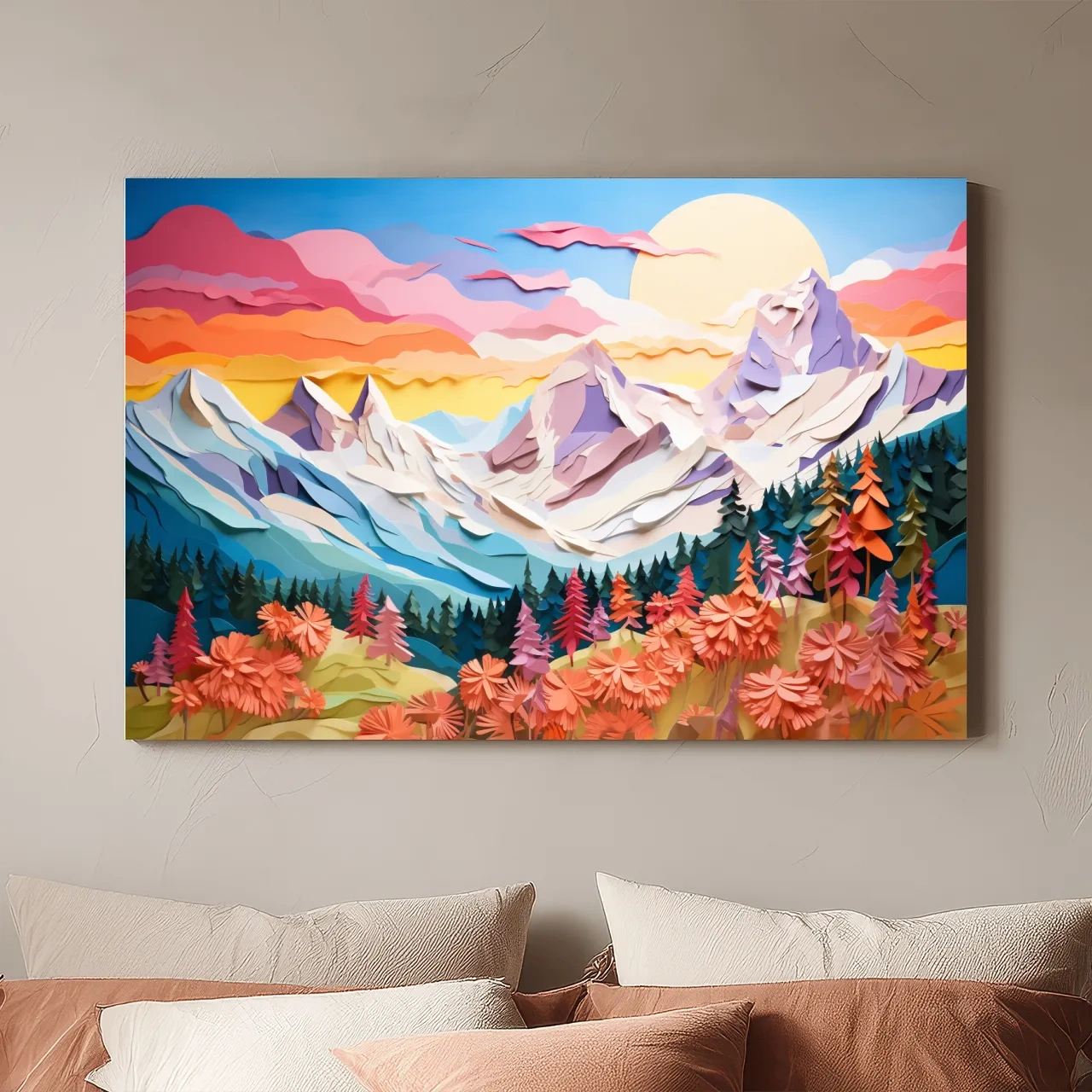 Faux Paper Cut Mountain Sunrise Landscape - Colorful Alpine Meadows Wall Art Print
