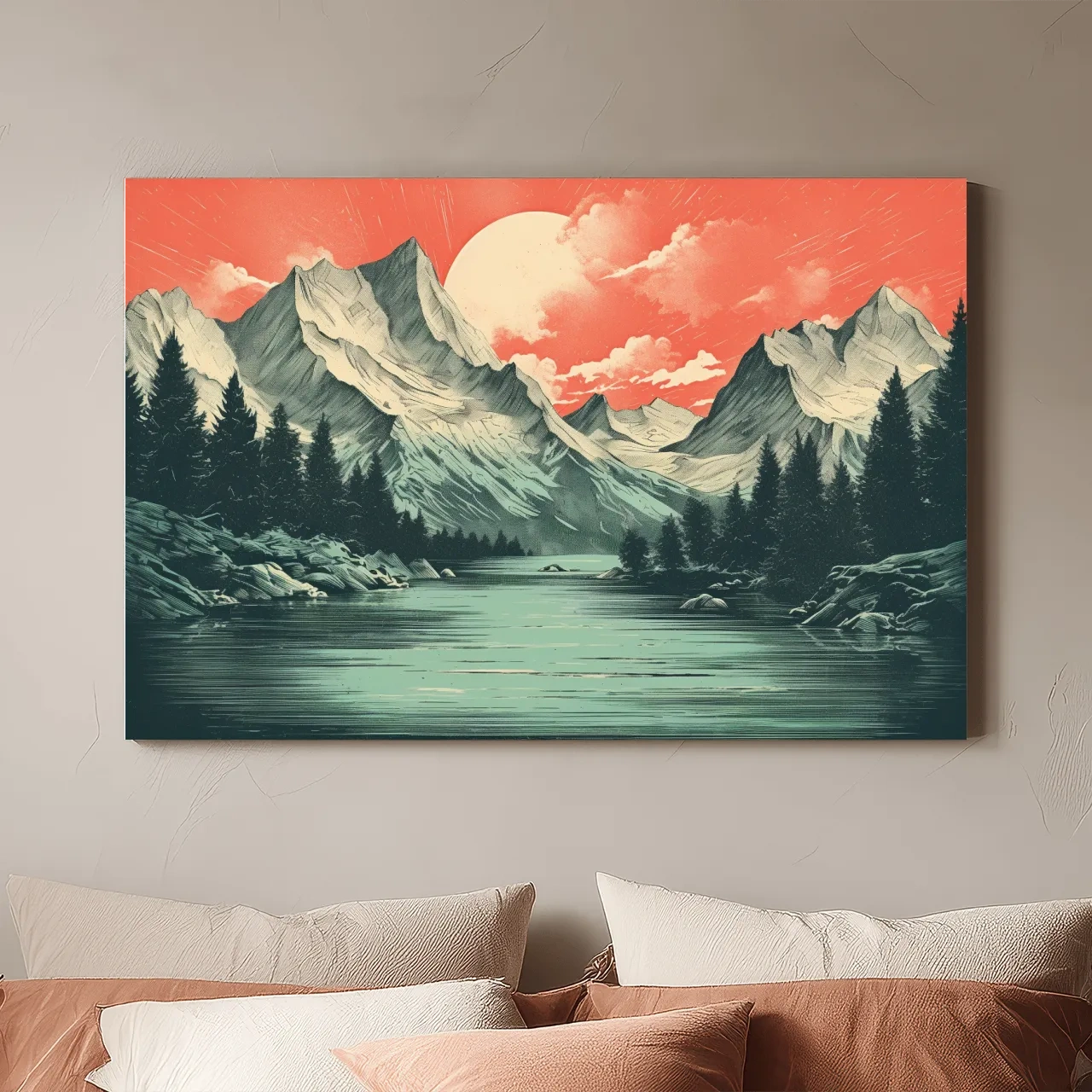 Retro Alpine Mountain Lake Sunset - Vintage Risograph Landscape Wall Art
