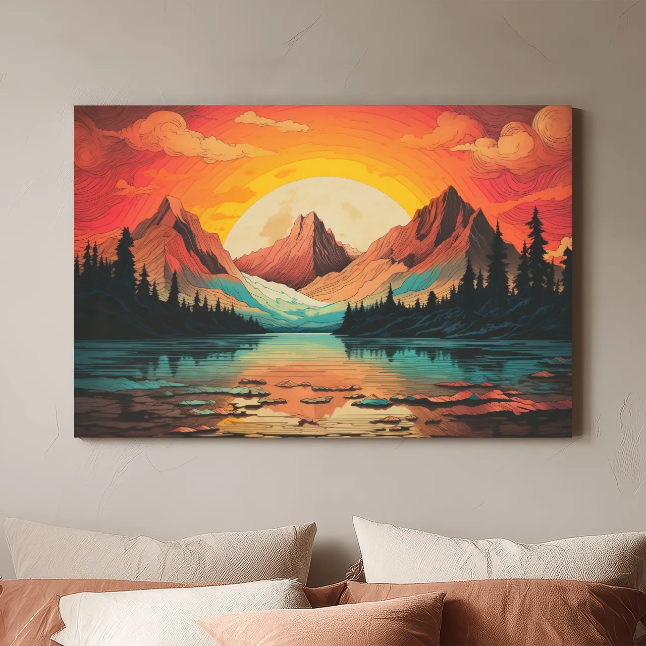 Vibrant Retro Alpine Lake Sunset - Stylized Mountain Wall Art