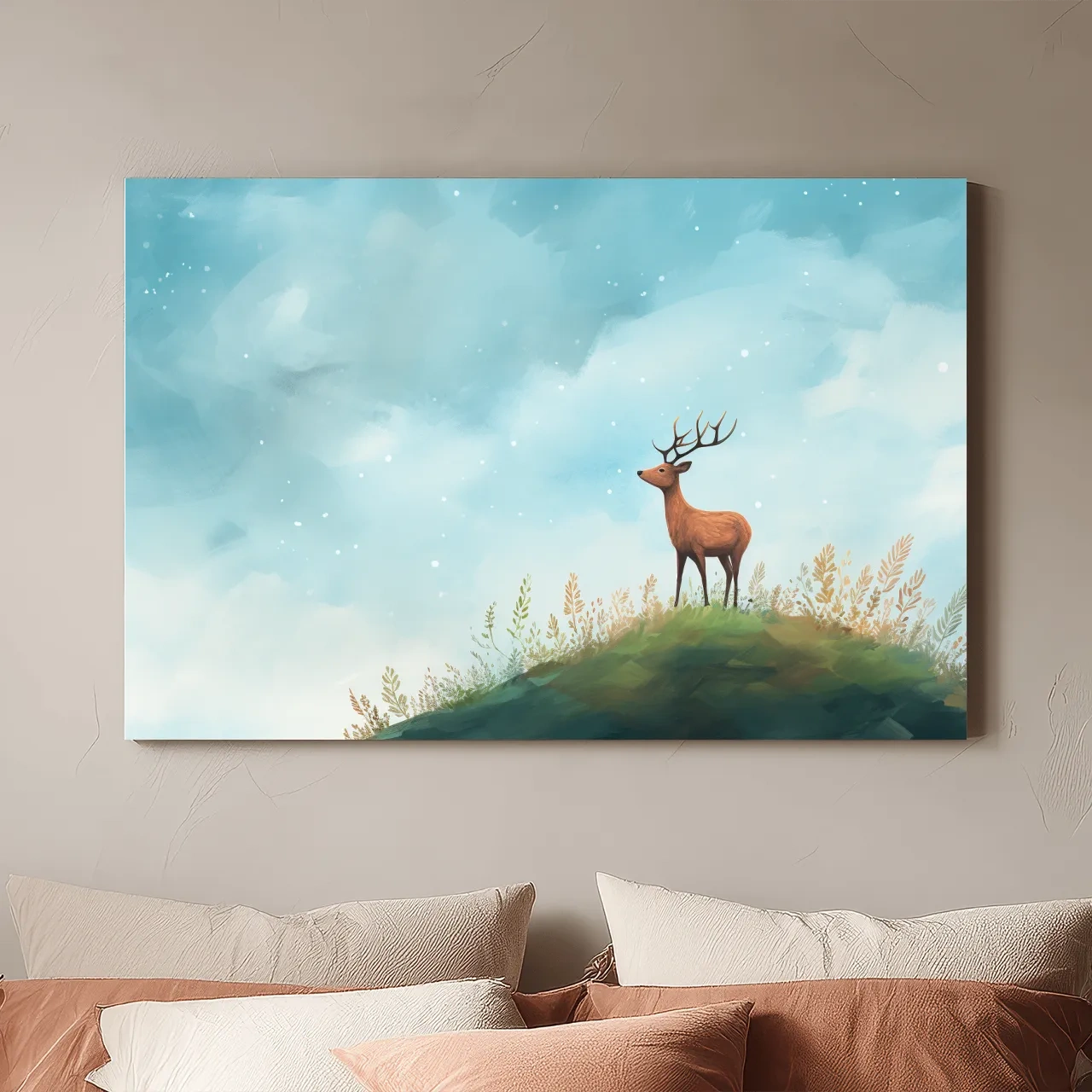 Whimsical Watercolor Stag On Meadow Hill - Nursery Woodland Wildlife Wall Art