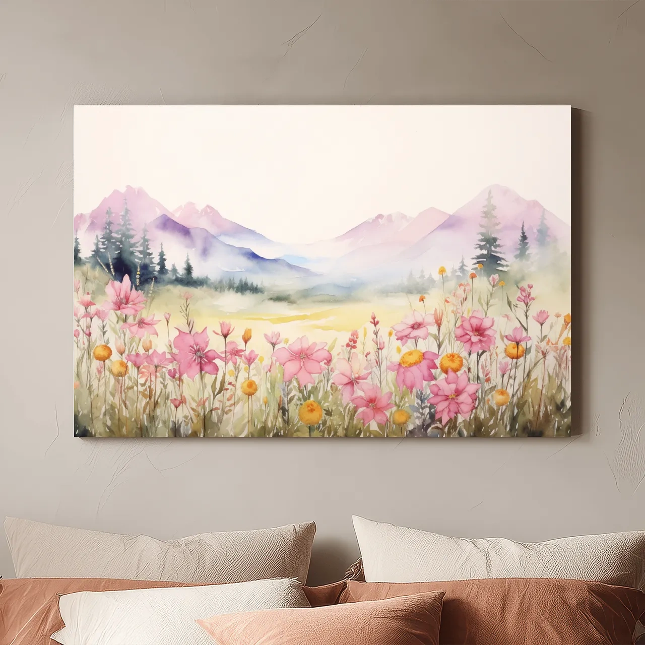 Pastel Wildflower Meadow Mountains Watercolor - Serene Alpine Wall Art