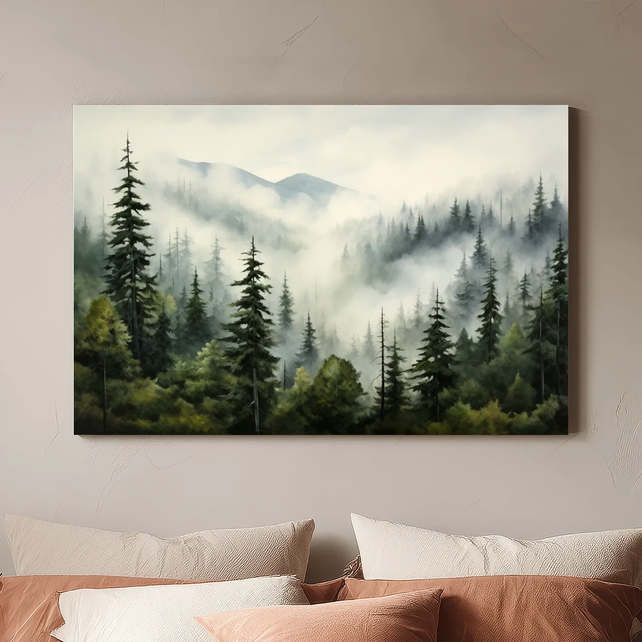 Foggy Alpine Mountain Forest Painting - Moody Watercolor Landscape Wall Art