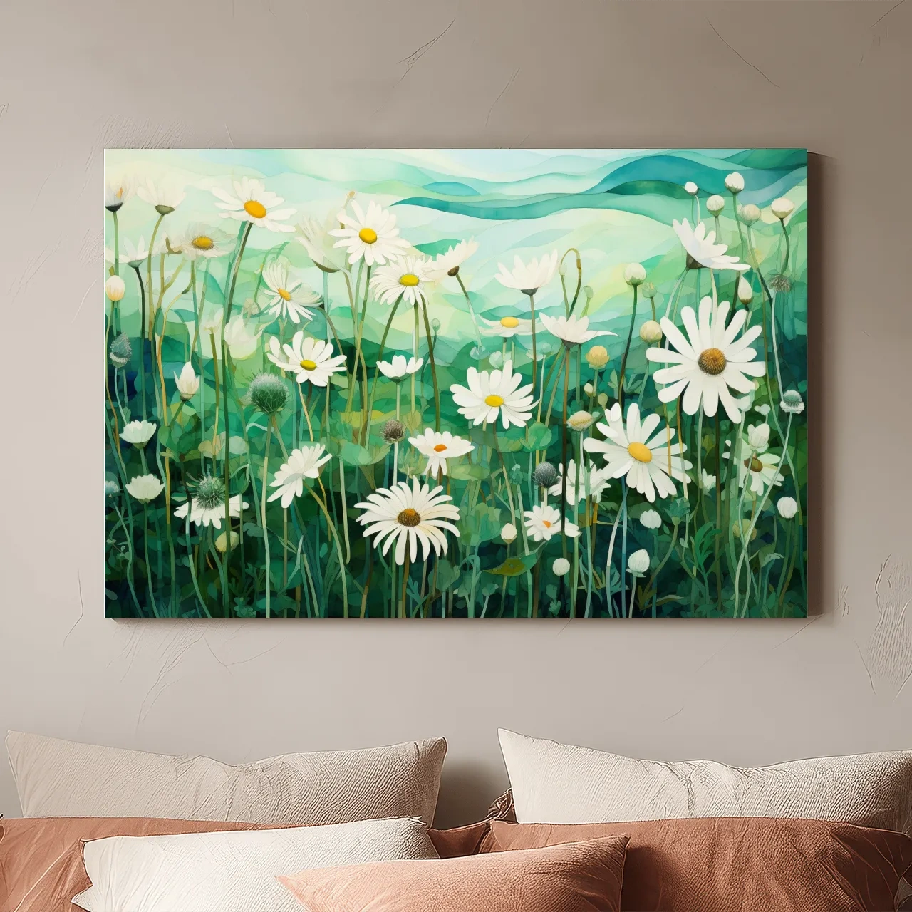 Whimsical Wild Daisy Meadow Landscape - Botanical Watercolor Style Wall Art