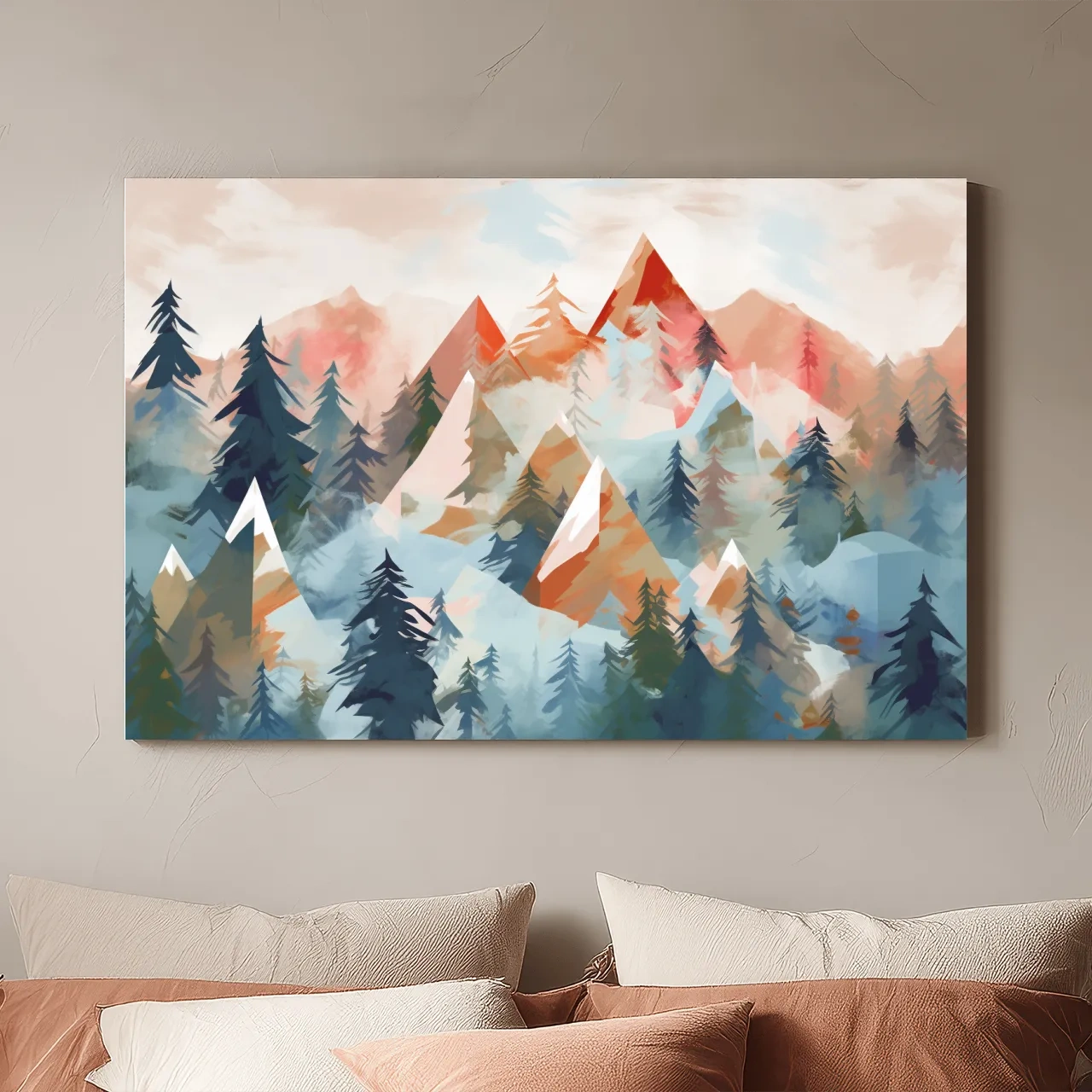 Abstract Watercolor Alpine Mountains And Pine Forest - Modern Geometric Landscape Wall Art