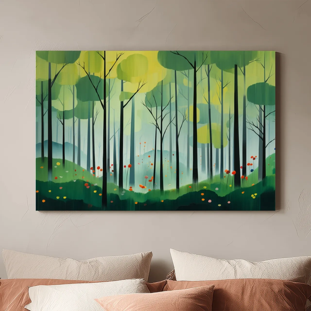 Whimsical Misty Forest Grove Illustration - Woodland Landscape Wall Art