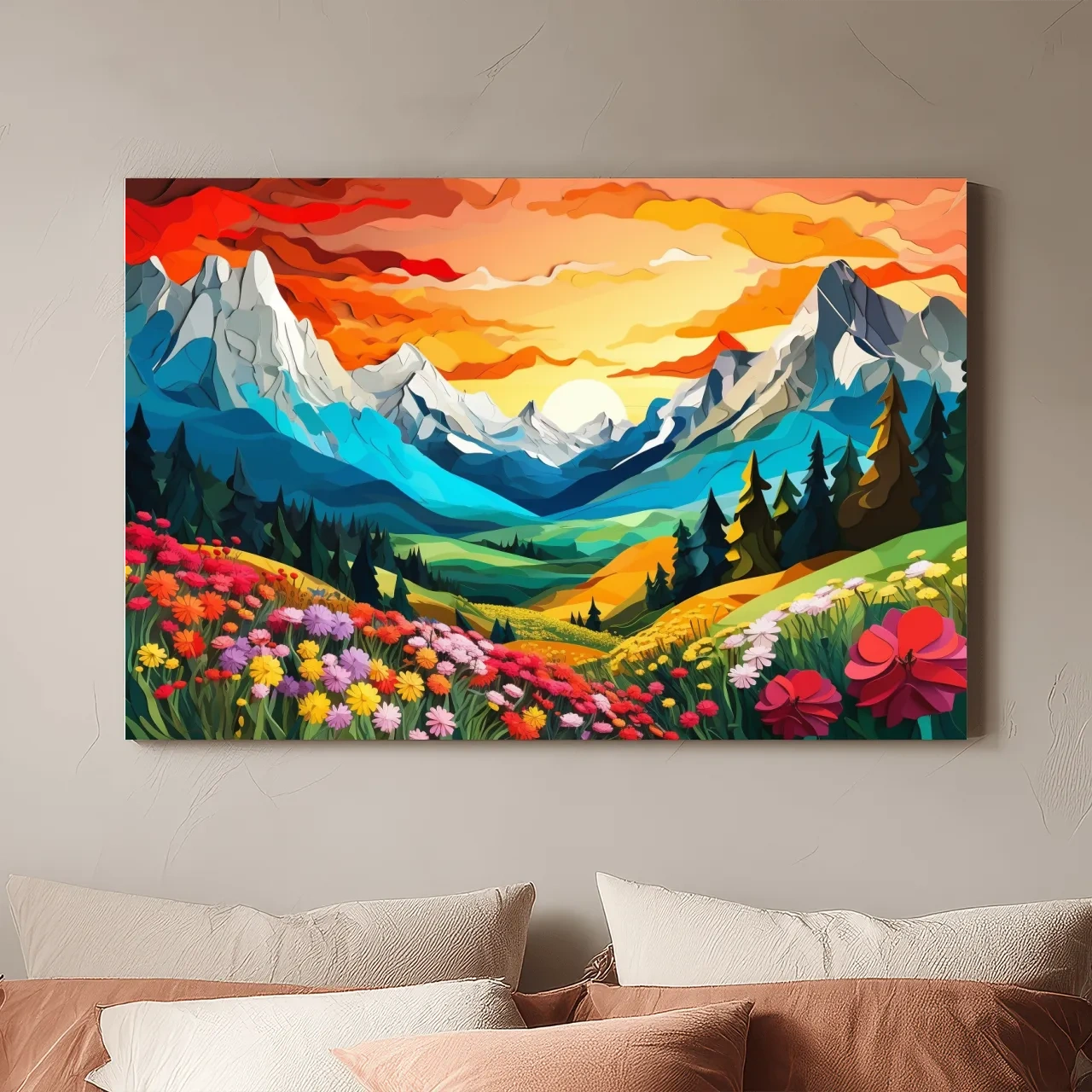Vibrant Wildflower Mountain Valley Sunset - Colorful Paper Cutout Style Wall Art