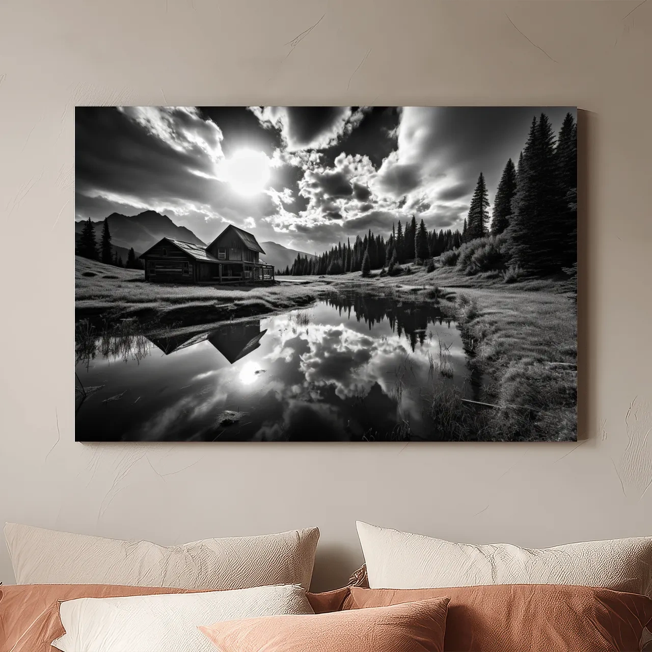 Moody Black And White Mountain Cabin Reflection - Dramatic Alpine Landscape Photography Wall Art