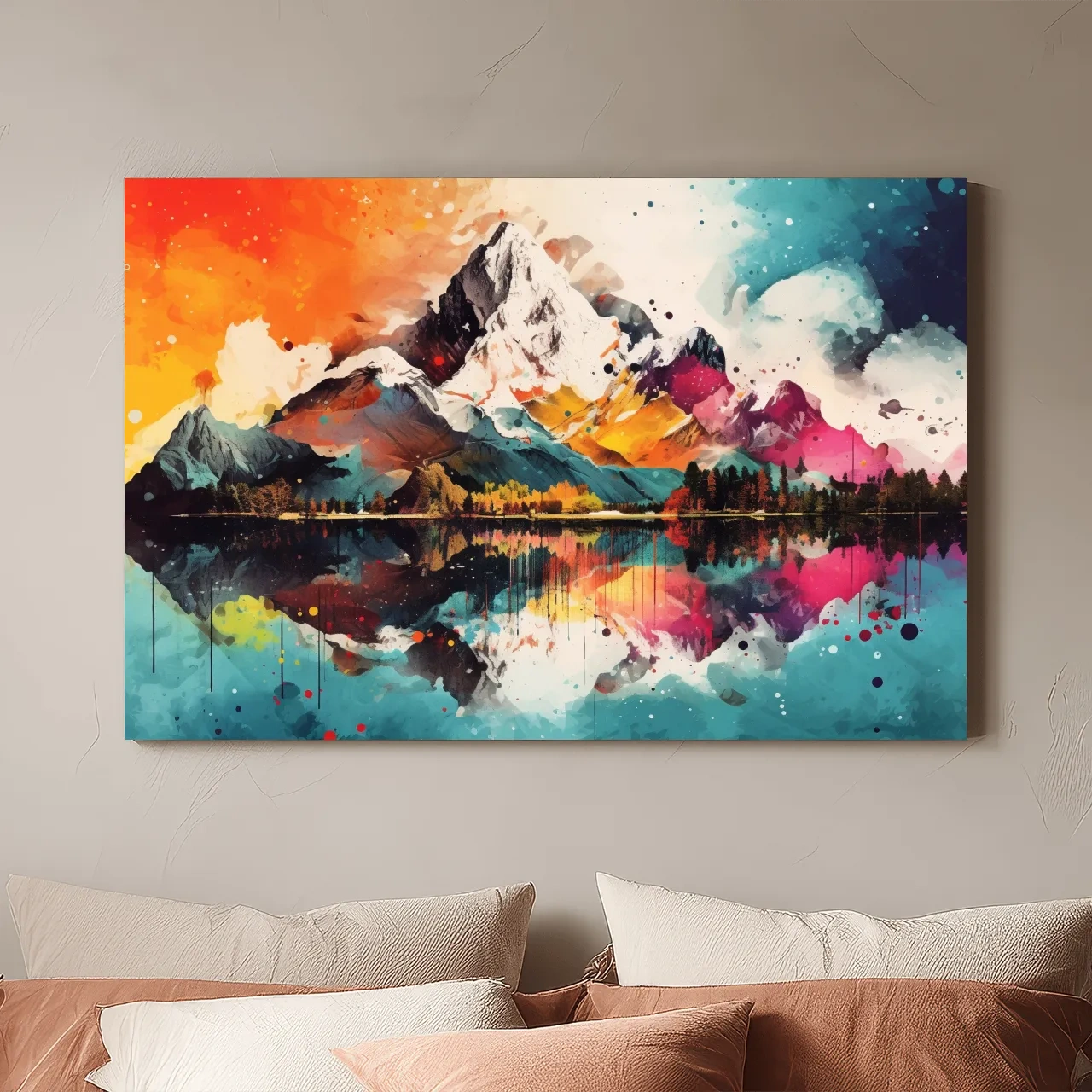 Vibrant Abstract Mountain Lake Collage Artwork - Colorful Watercolor Splash Wall Art