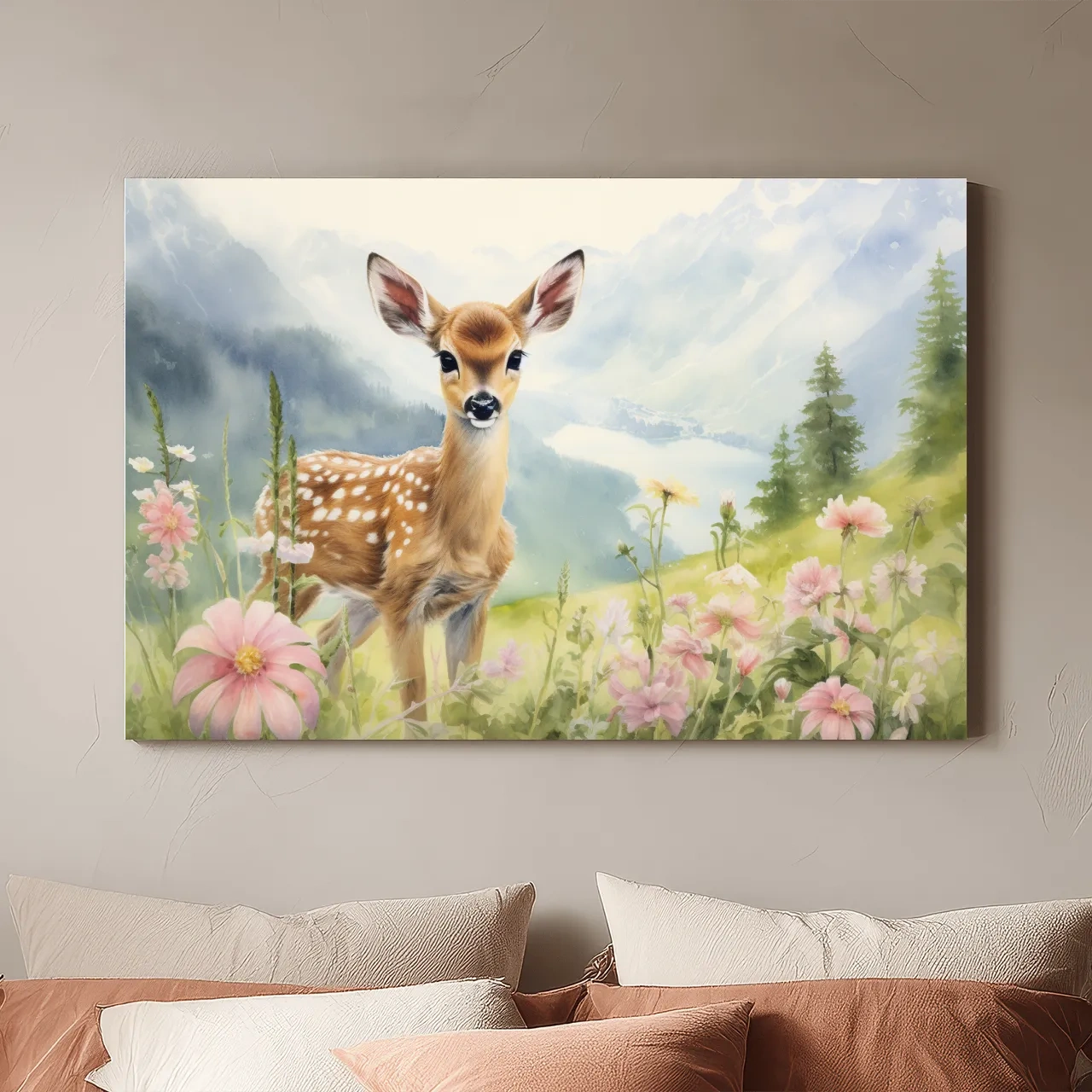 Watercolor Fawn In Wildflowers - Pastel Alpine Meadow Nursery Wall Art