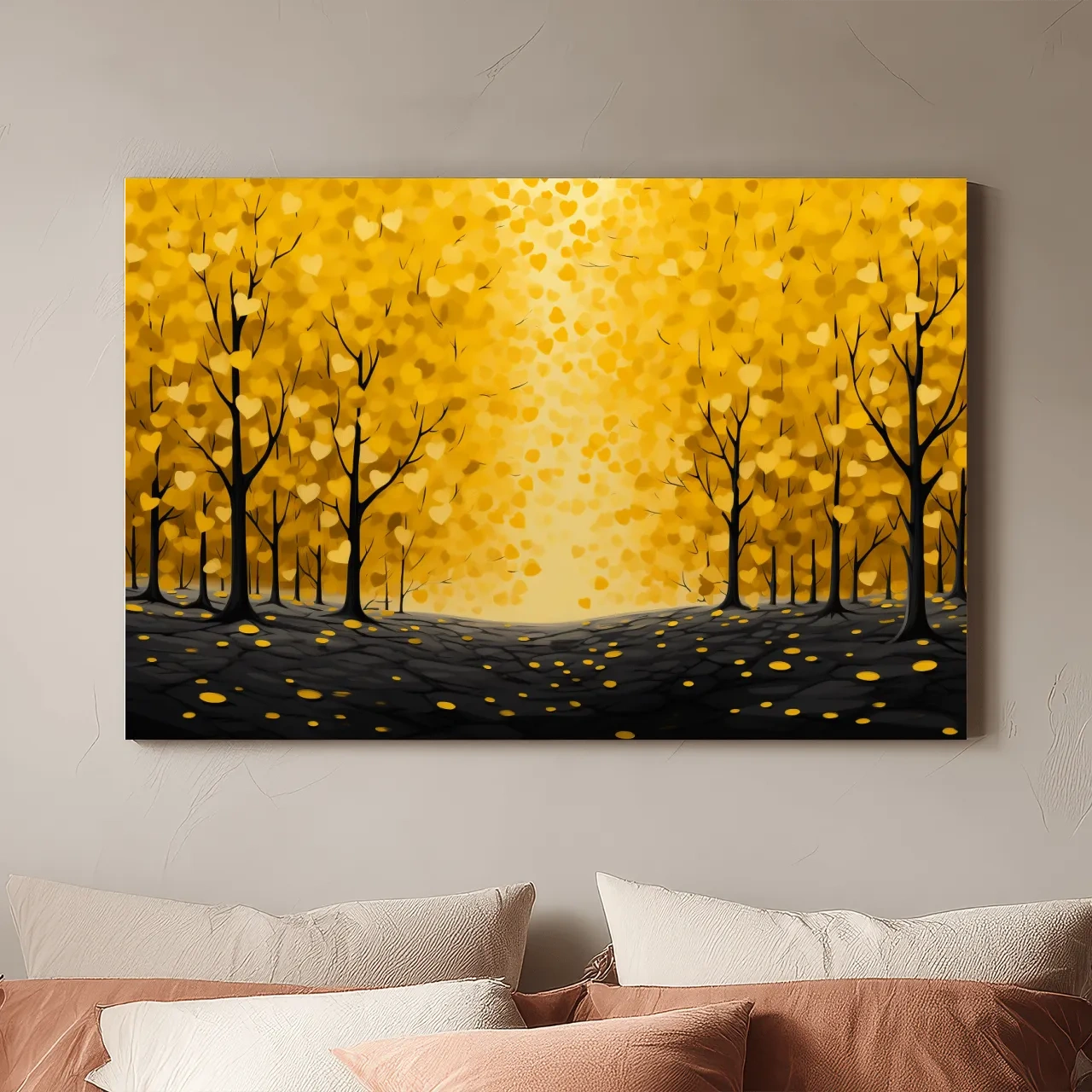 Golden Autumn Forest Canopy Painting - Warm Love Heart Wall Art