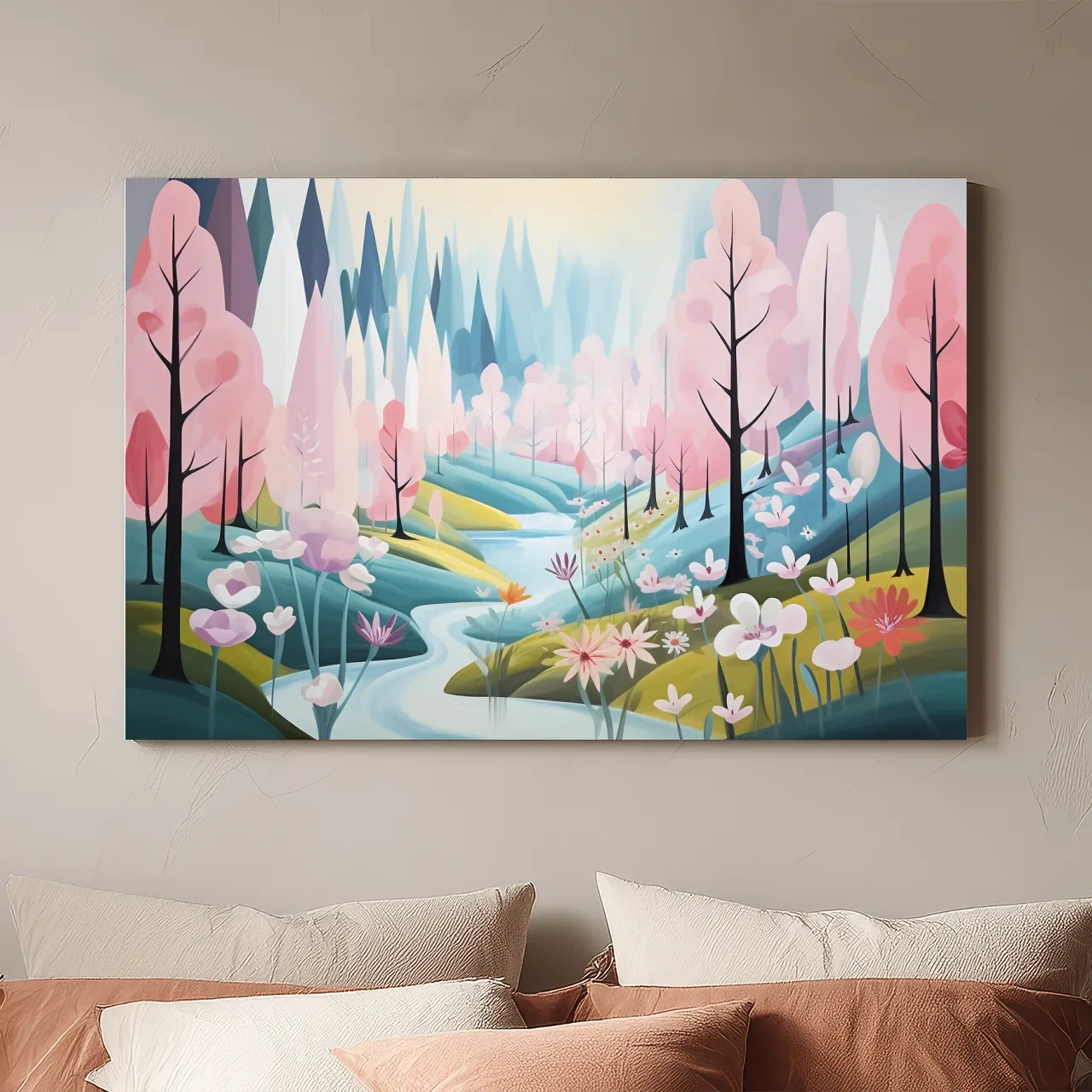 Dreamy Pastel Pink Blossom Forest - Whimsical Floral Landscape Wall Art